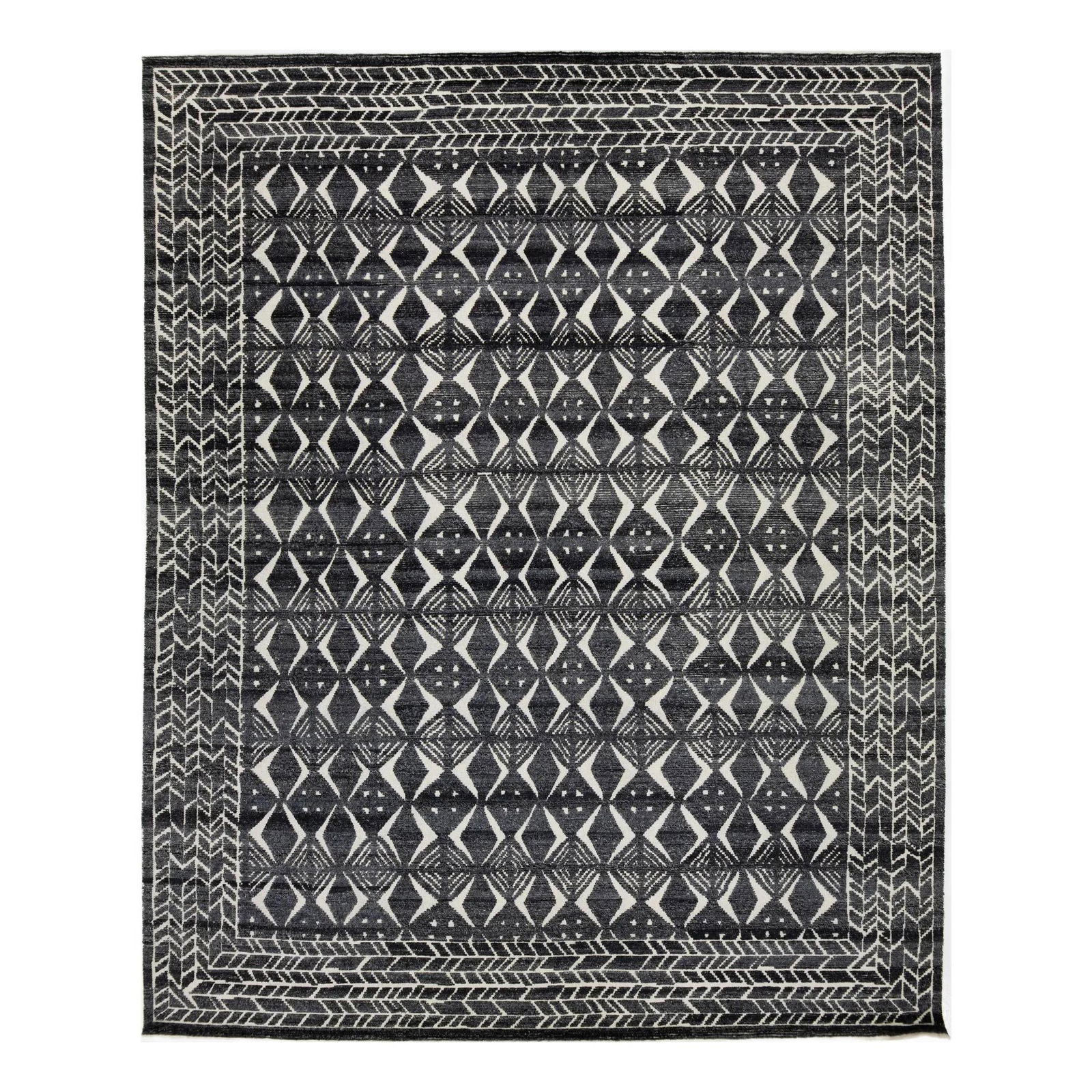 Modern Moroccan Wool Rug 12'1 x 14'11 Gray Geometric: Modern Moroccan Wool Rug 12'1 x 14'11 Gray Geometric Enhance your home decor with this exquisite contemporary Moroccan-style hand-knotted wool rug. Featuring a rich charcoal gray and ivory field, it i