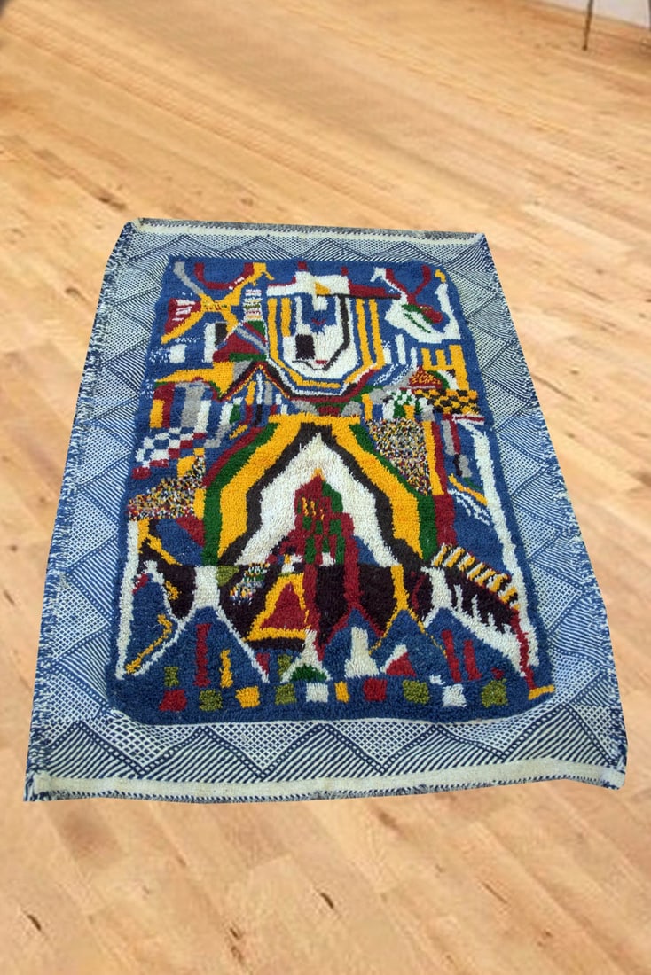 Handwoven Shaggy Moroccan Taznakht Wool Rug 150 x 110 cm: Handwoven Shaggy Moroccan Taznakht Wool Rug 150 x 110 cm Experience the charm of traditional craftsmanship with this authentic Shaggy Moroccan Taznakht rug. Handwoven from high-quality wool, it featur