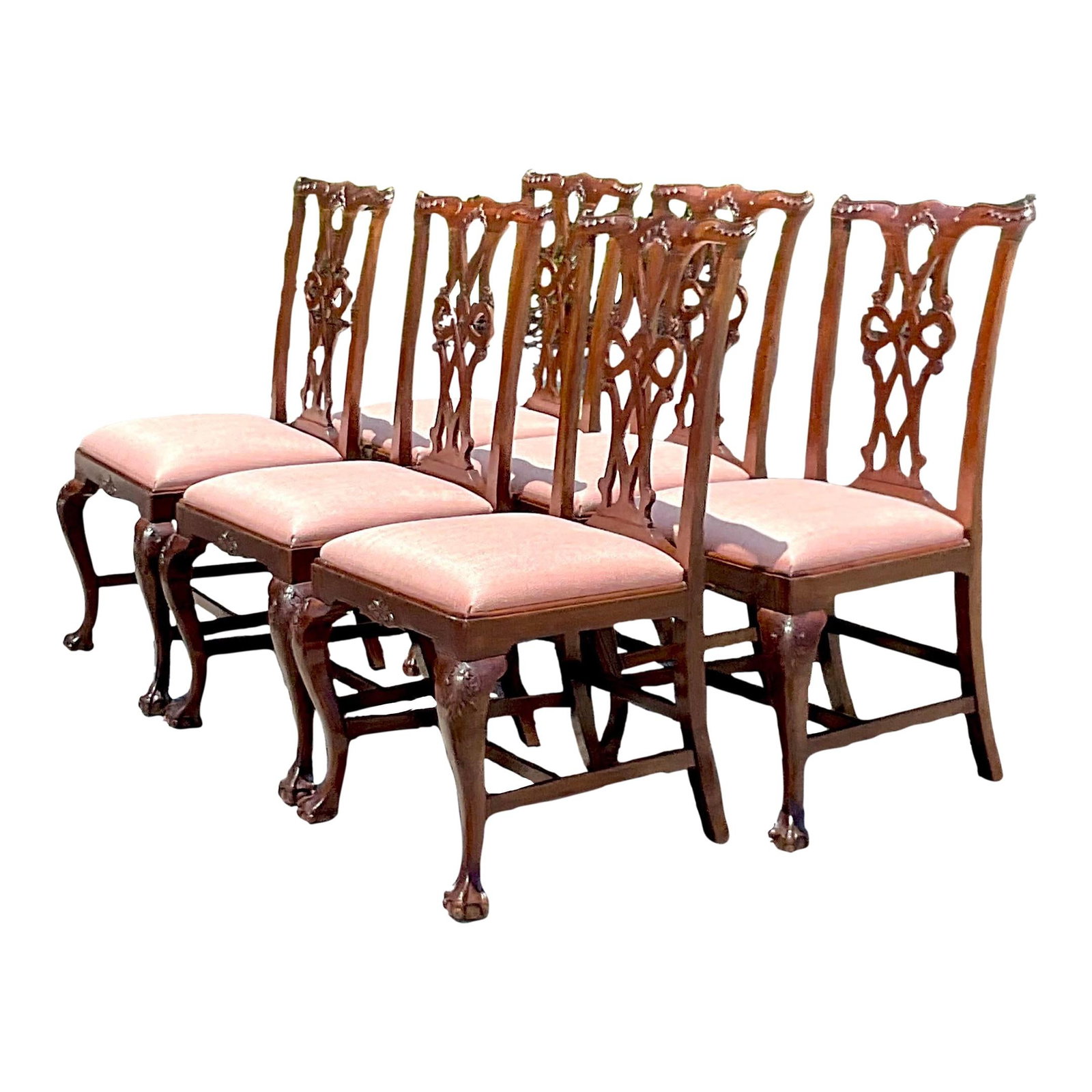 Vintage Regency Dining Chairs Set of 6 Chestnut Ruffle Detail: Vintage Regency Dining Chairs Set of 6 Chestnut Ruffle Detail This exquisite set of six vintage Regency dining chairs showcases beautiful garbed ruffle details and elegant cabriolet legs. Finished in