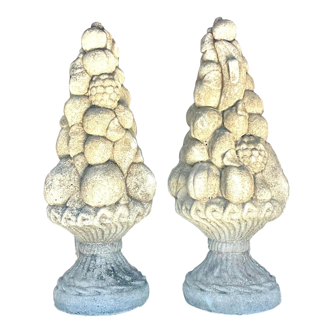 Vintage Regency Pair of Cast Concrete Fruit Topiaries 20.75in Gray: Vintage Regency Pair of Cast Concrete Fruit Topiaries 20.75in Gray Enhance your garden or interior decor with this exquisite pair of Vintage Regency Cast Concrete Fruit Topiaries. These American-style