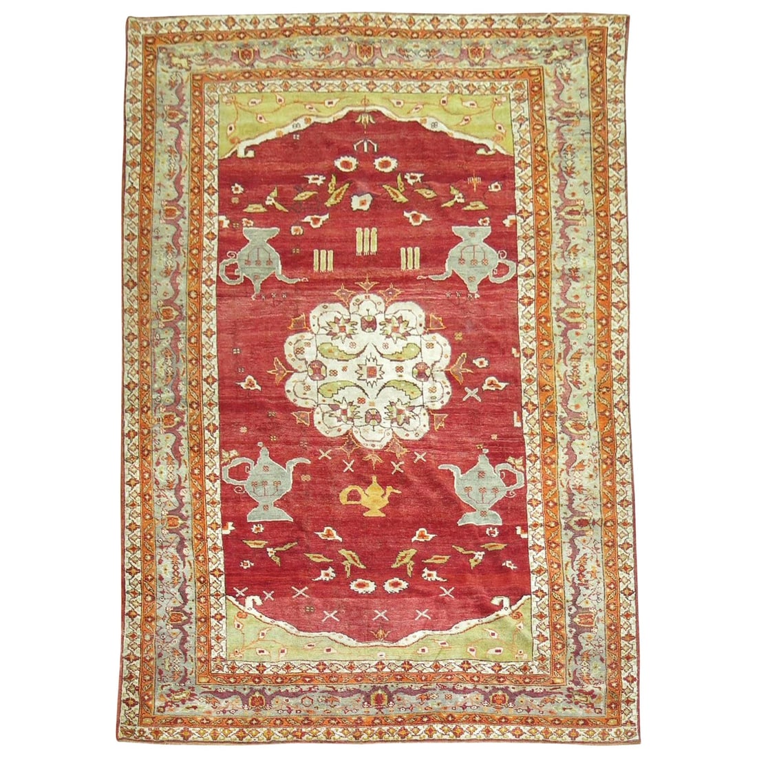 Zabihi Collection Antique Turkish Oushak Rug 7'5" x 10'6" Hand-Woven Wool: Zabihi Collection Antique Turkish Oushak Rug 7'5" x 10'6" Hand-Woven Wool Discover the exquisite beauty of this fine quality red antique Turkish Oushak rug, handcrafted in the early 20th century. This