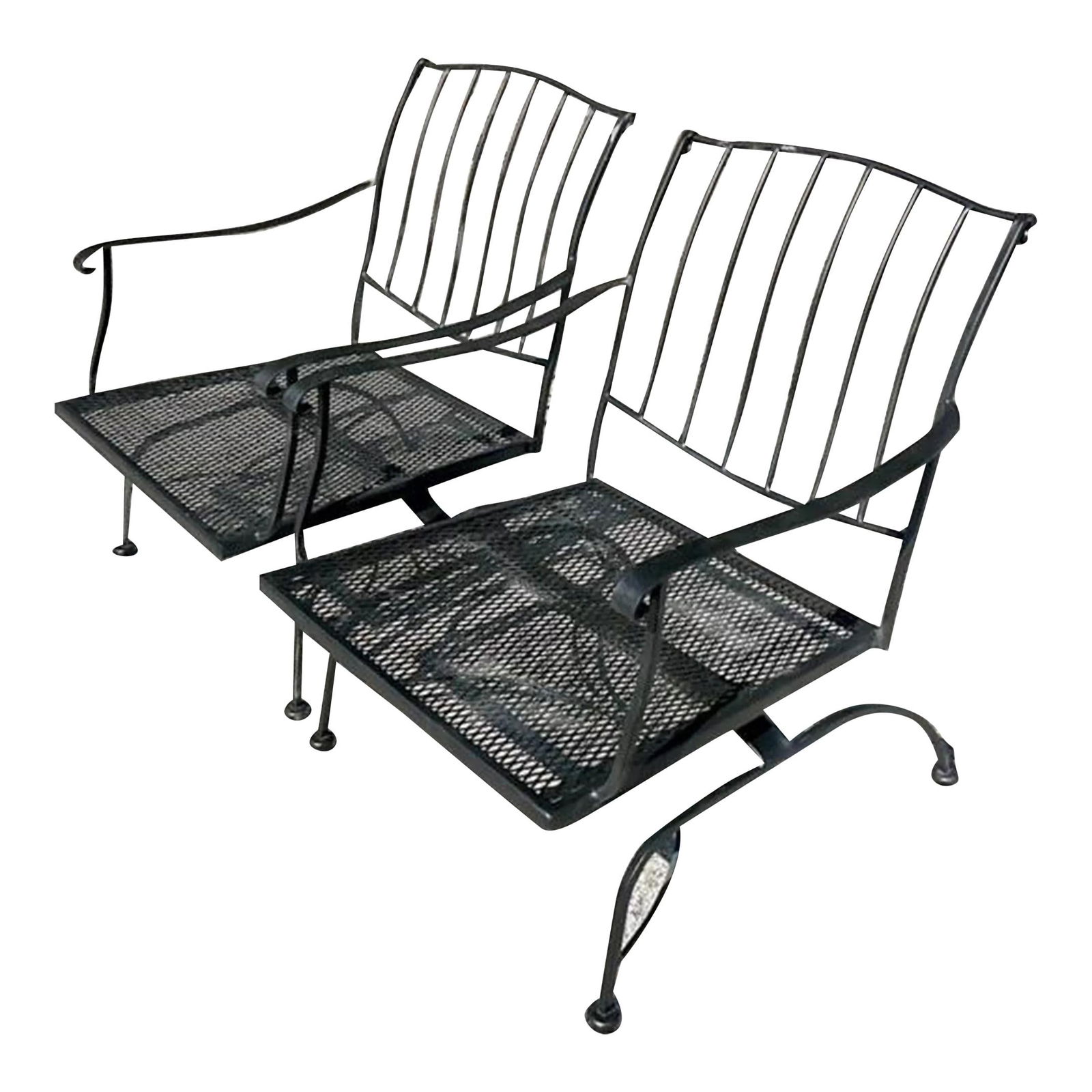 Mid-Century Modern Wrought Iron Springer Lounge Chairs Pair Black: Mid-Century Modern Wrought Iron Springer Lounge Chairs Pair Black Enhance your outdoor area with this pair of Vintage Mid-Century Modern Wrought Iron Springer Lounge Chairs. These American-crafted cha