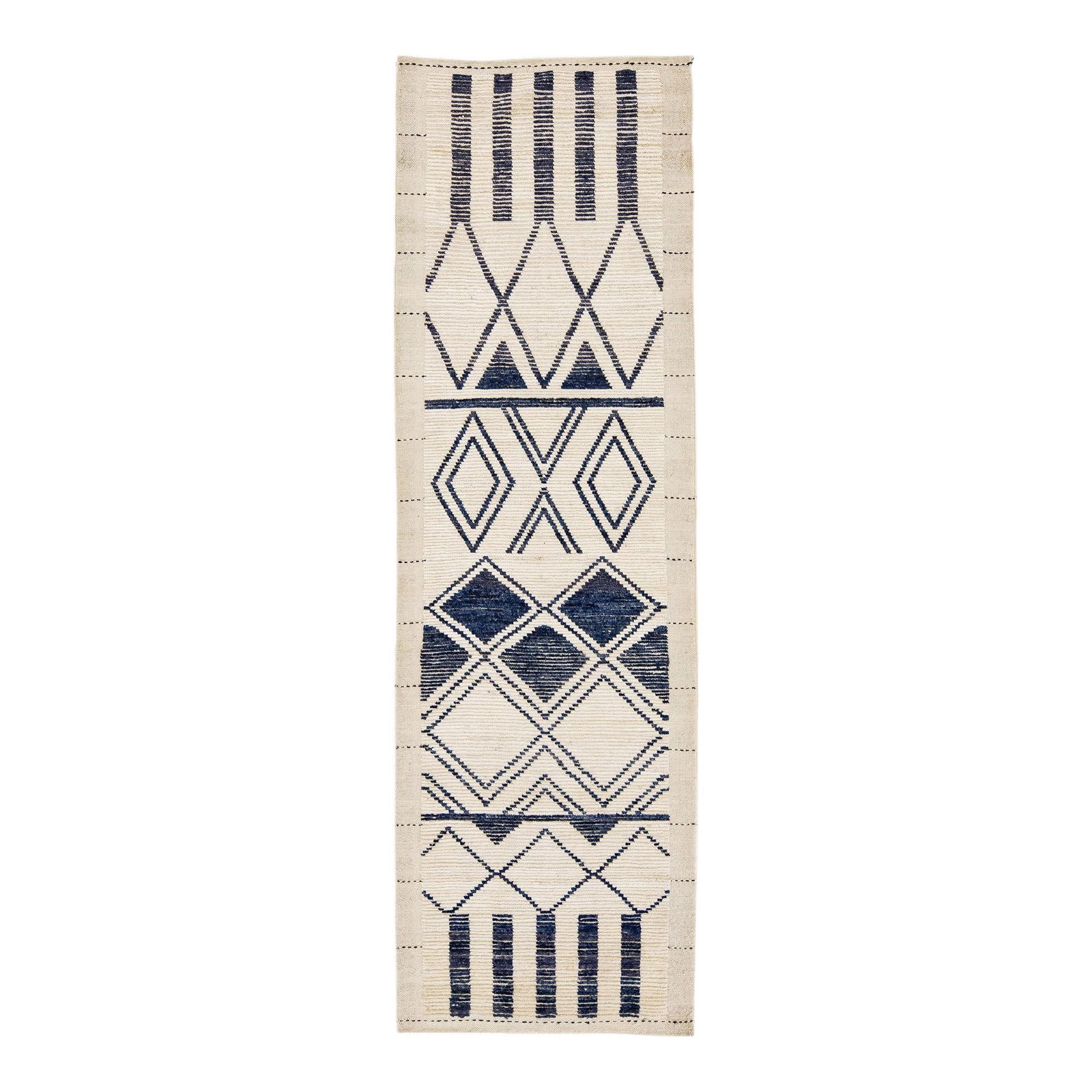 Beige Handmade Wool Moroccan Runner with Tribal Design 2'11 x 9'6: Beige Handmade Wool Moroccan Runner with Tribal Design 2'11 x 9'6 Enhance your space with this exquisite Moroccan-style handmade wool runner. Featuring a soft beige field adorned with blue accents, th