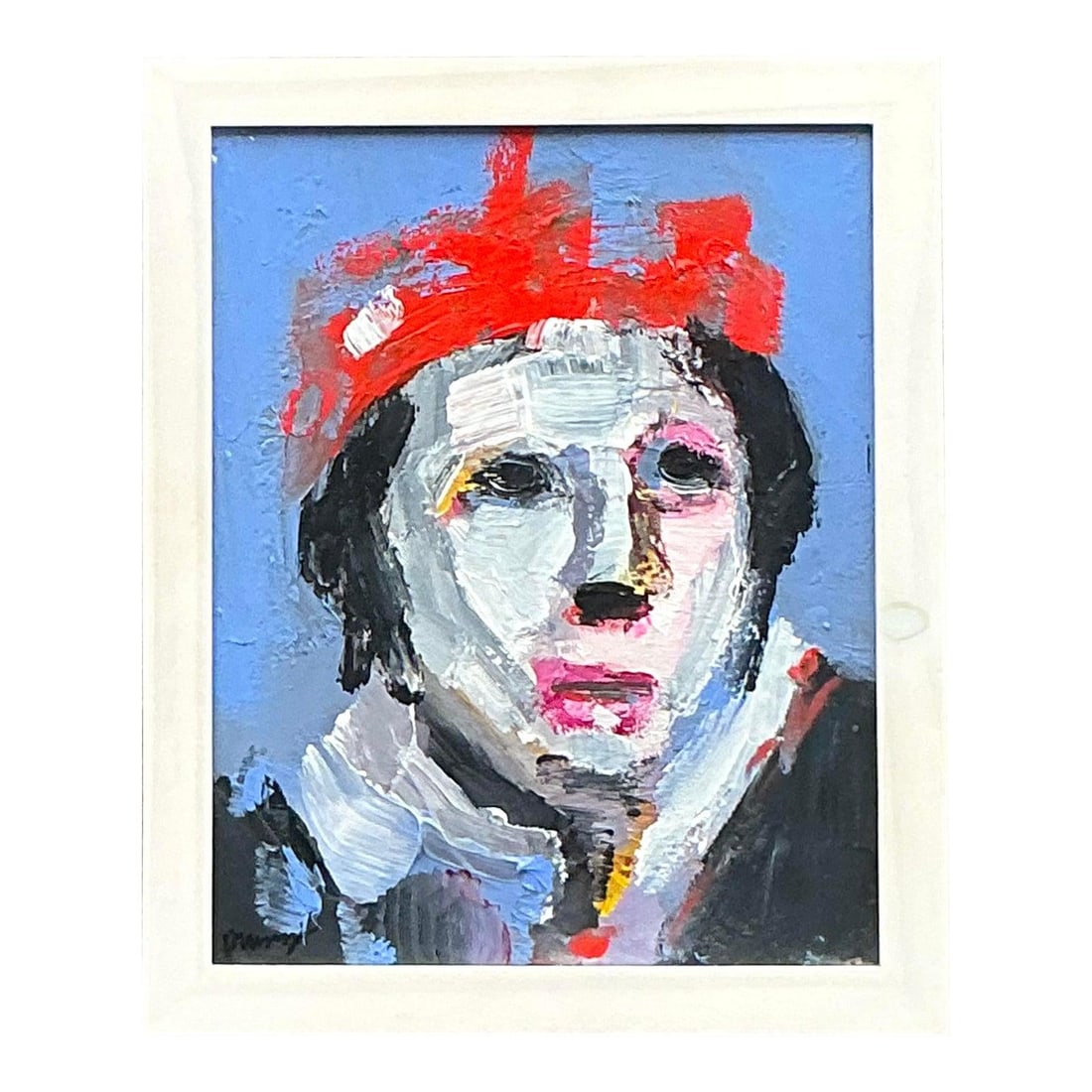 Vintage Boho Abstract Portrait with Red Headdress by Perry: Vintage Boho Abstract Portrait with Red Headdress by Perry This captivating vintage portrait showcases a bold, abstract figurative style, featuring a compelling figure adorned with a vibrant red headd