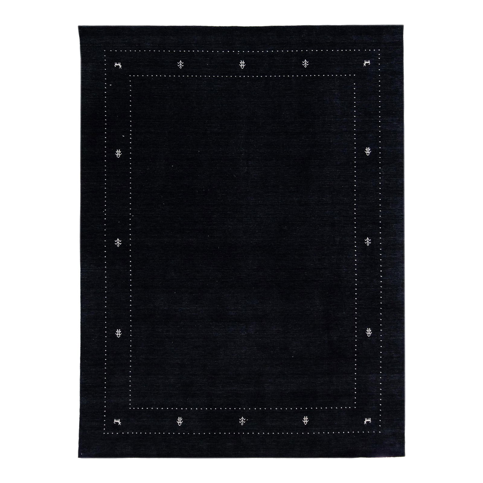 Handmade Black Wool Gabbeh Style Rug 9' x 11.10" Geometric Motif: Handmade Black Wool Gabbeh Style Rug 9' x 11.10" Geometric Motif This stunning handmade rug showcases a modern Gabbeh-style design that will enhance any space. Crafted from high-quality wool, it featu