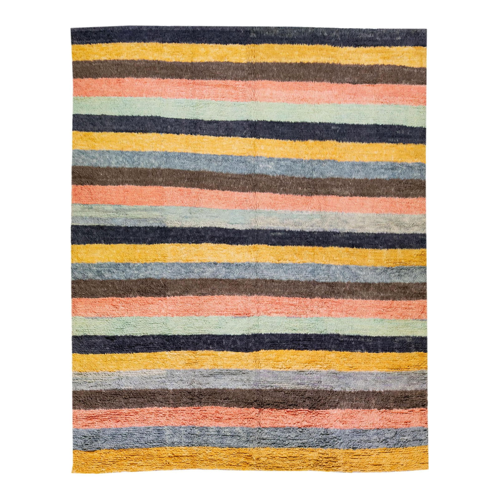 Vibrant Modern Tulu Hand-Knotted Wool Rug 12'3 x 15 Multicolor Stripes: Vibrant Modern Tulu Hand-Knotted Wool Rug 12'3 x 15 Multicolor Stripes Enhance your living space with this exquisite Modern Tulu Handmade Turkish Wool Rug. Featuring a stunning multicolor striped moti