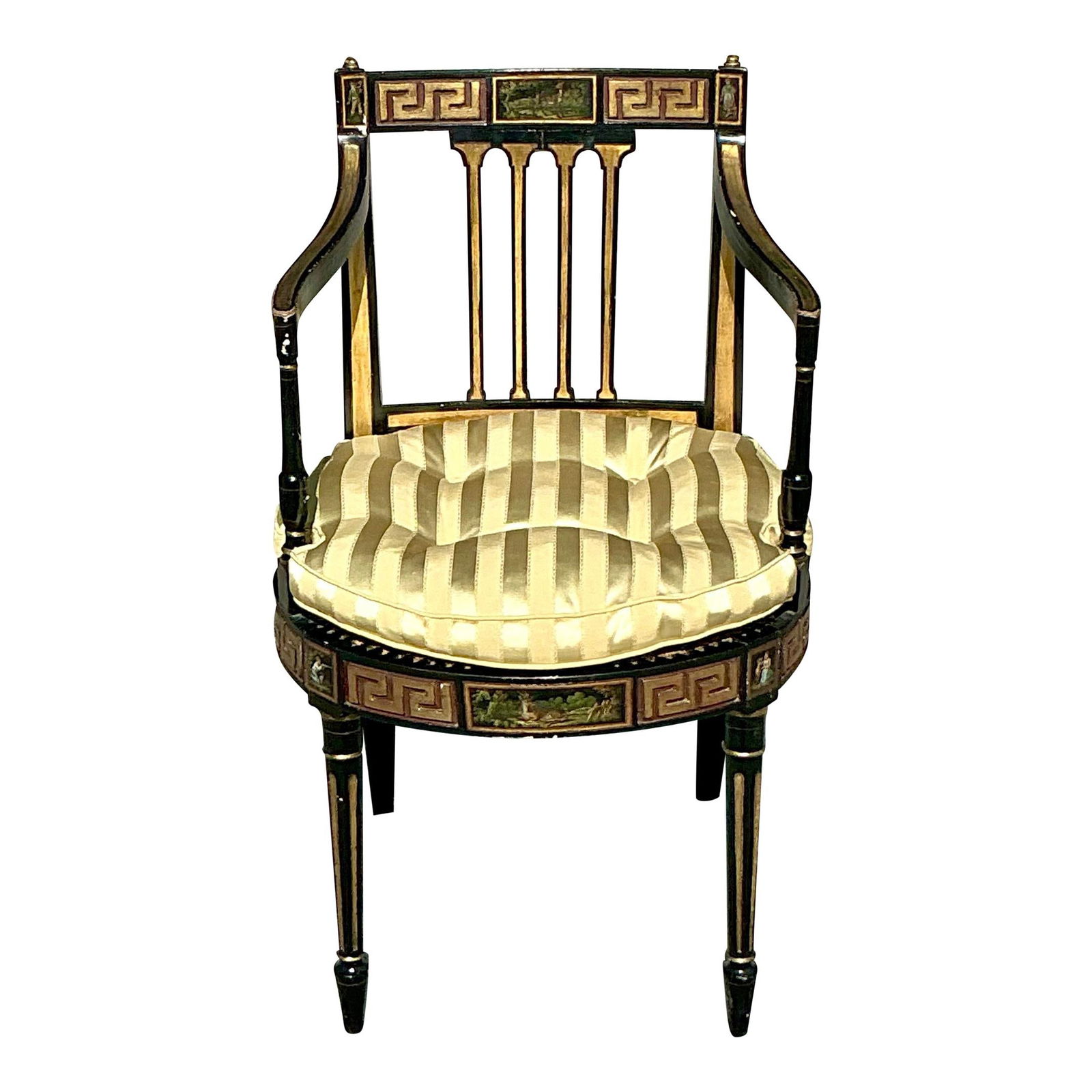 Vintage Regency Greek Key Hand-Painted Cane Chair in Black: Vintage Regency Greek Key Hand-Painted Cane Chair in Black Discover the elegance of our Vintage Regency Greek Key Hand-Painted Cane Chair, a stunning example of craftsmanship and artistic design. This