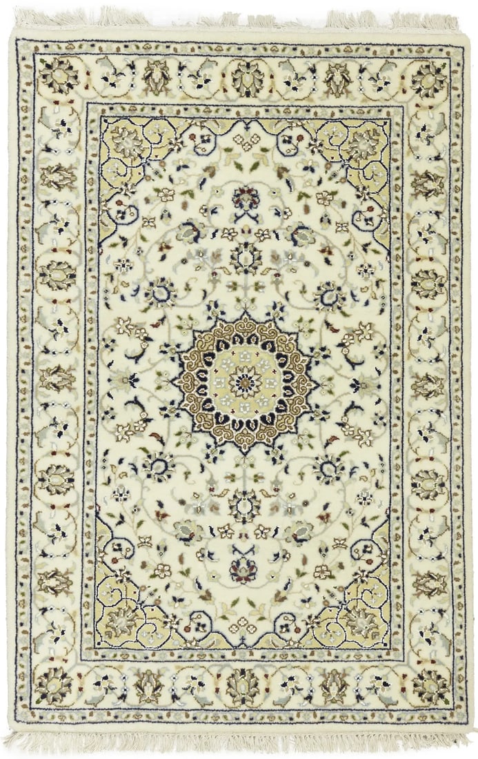 Indo-Nain Hand-Knotted Wool Floral Medallion Area Rug 2'9 x 4'1: Indo-Nain Hand-Knotted Wool Floral Medallion Area Rug 2'9 x 4'1 Enhance your living space with this Indo-Nain Hand-Knotted Wool Oriental Rug, featuring a classic floral medallion design. Crafted from