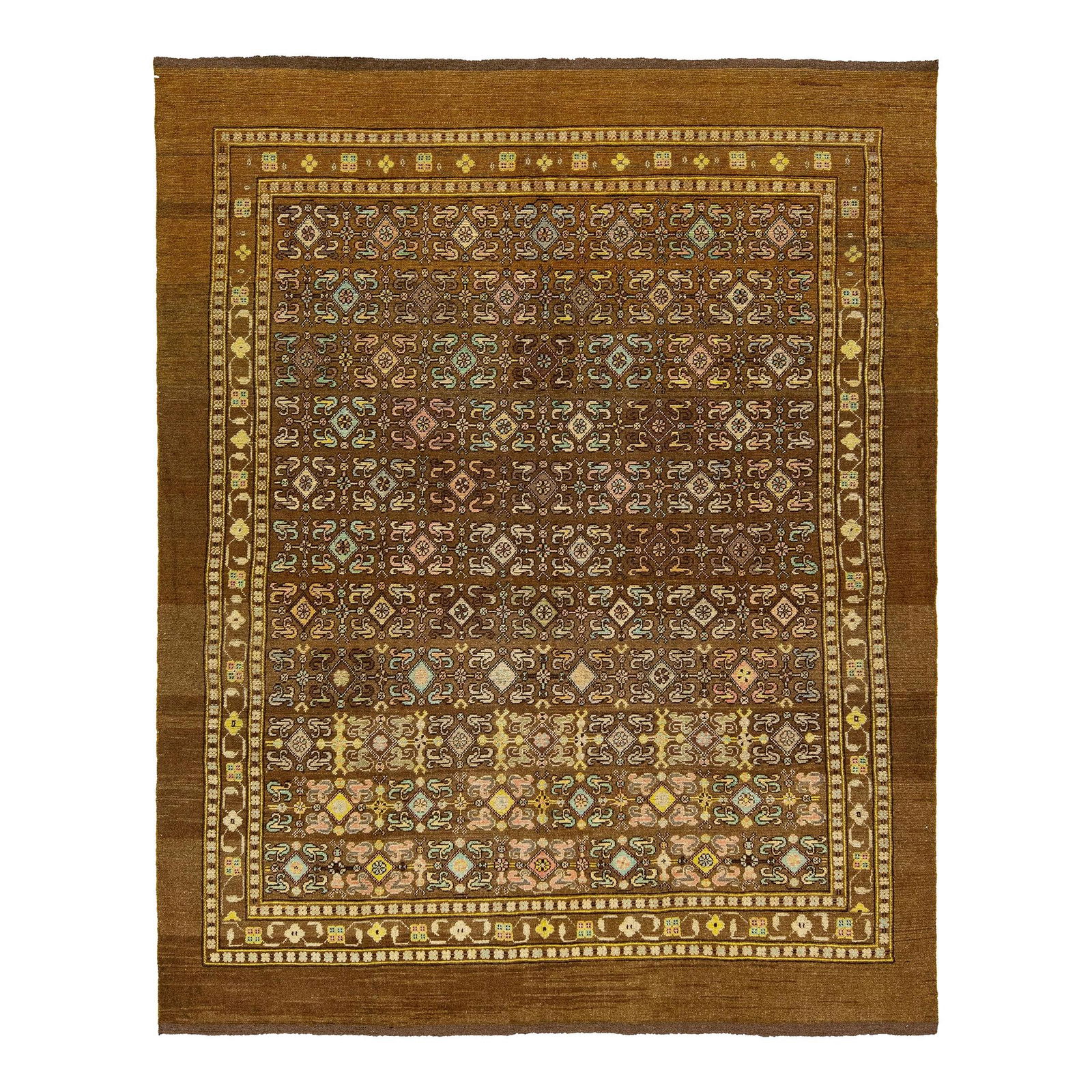 Mid-Century Transitional Handmade Wool Rug Brown Floral 7'10 x 10': Mid-Century Transitional Handmade Wool Rug Brown Floral 7'10 x 10' Elevate your space with this exquisite Mid-Century Transitional Style Handmade Wool Rug. Inspired by 19th-century regional artisans,