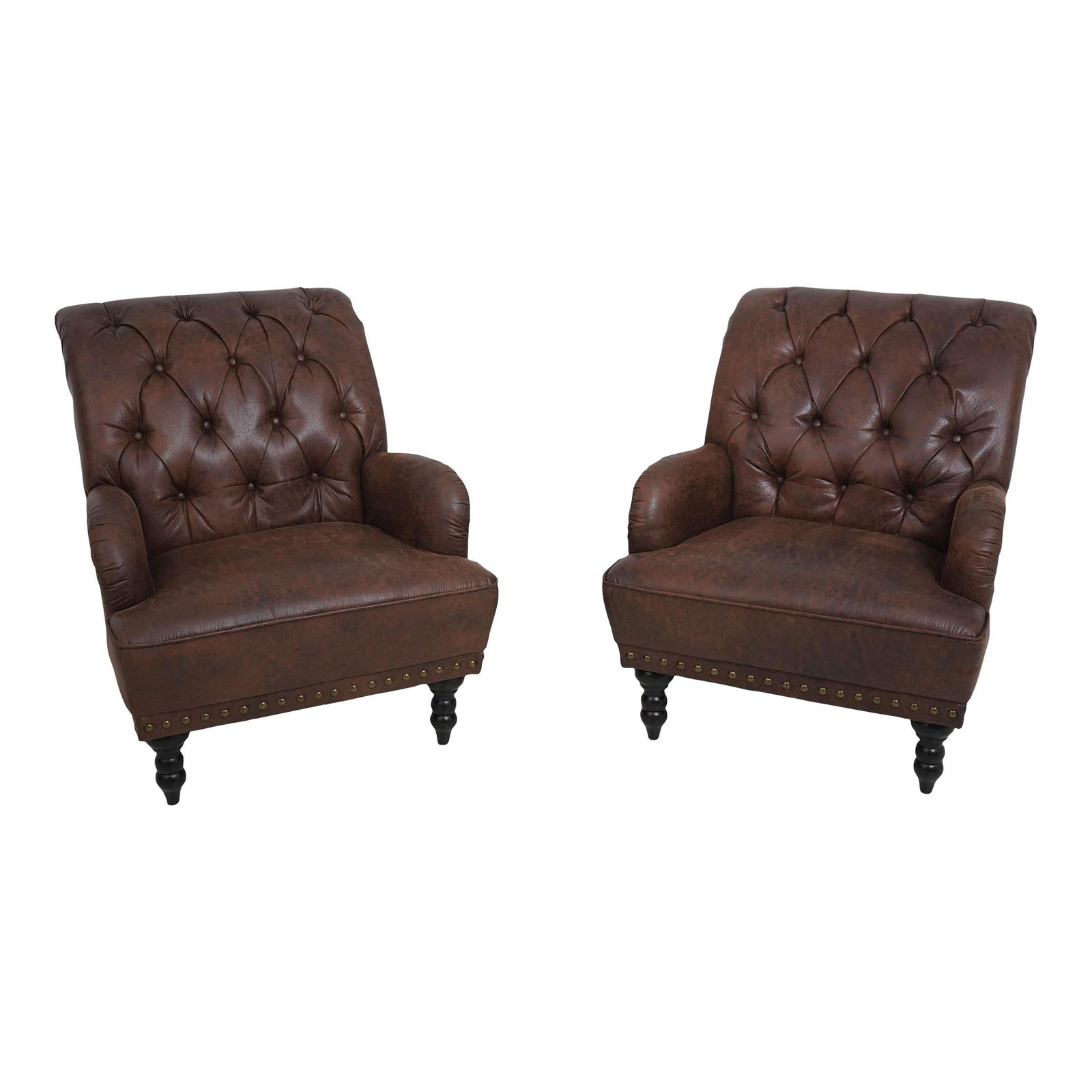 Elegant Brown Tufted Faux Leather Club Chairs Pair: Elegant Brown Tufted Faux Leather Club Chairs Pair This pair of tufted back faux leather club chairs combines elegance with comfort. Featuring beautifully upholstered brown faux leather backs and seat