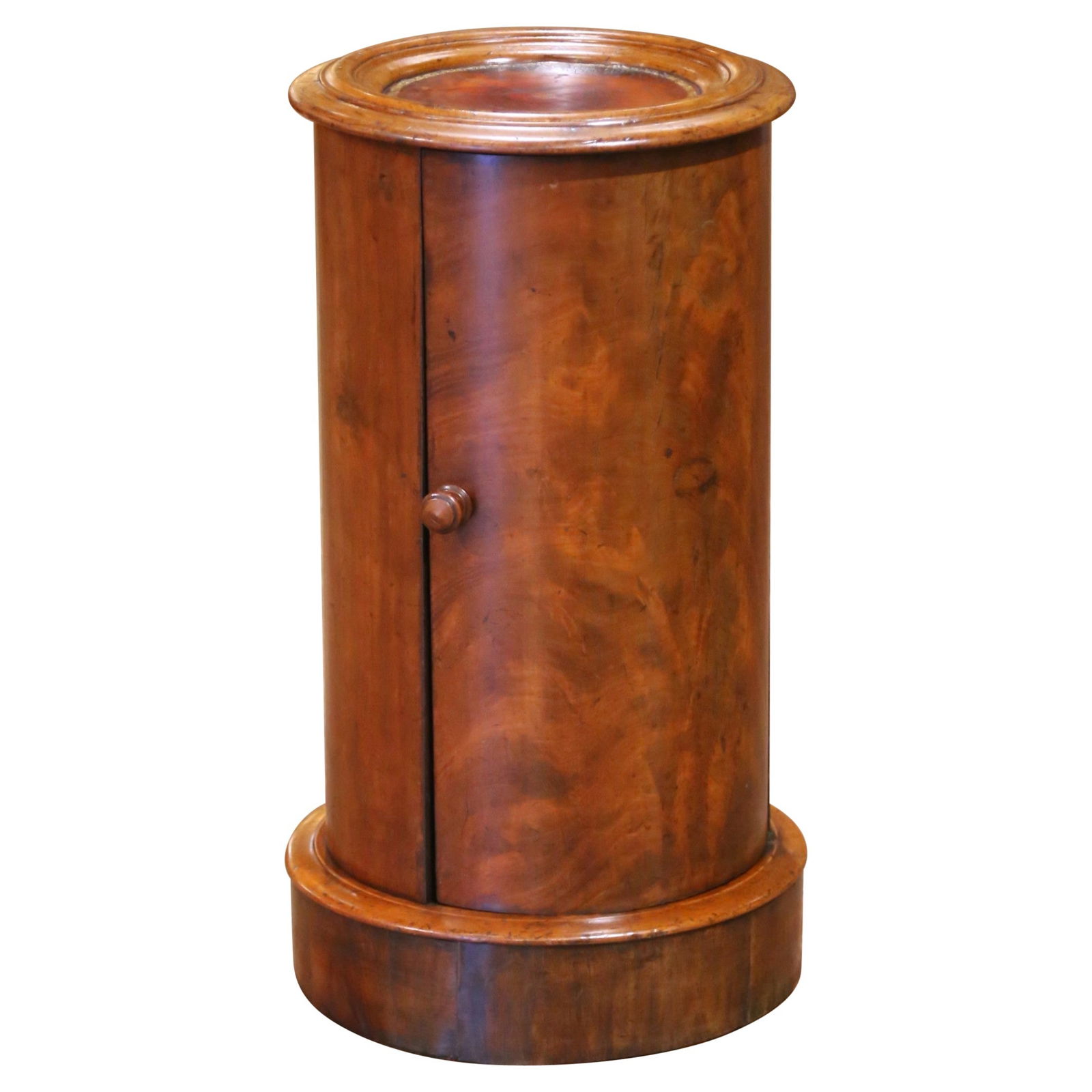 19th Century French Louis Philippe Walnut Somno Table with Embossed Leather Top: 19th Century French Louis Philippe Walnut Somno Table with Embossed Leather Top This exquisite 19th-century French Louis Philippe cylindrical side table combines decorative elegance with practical fun