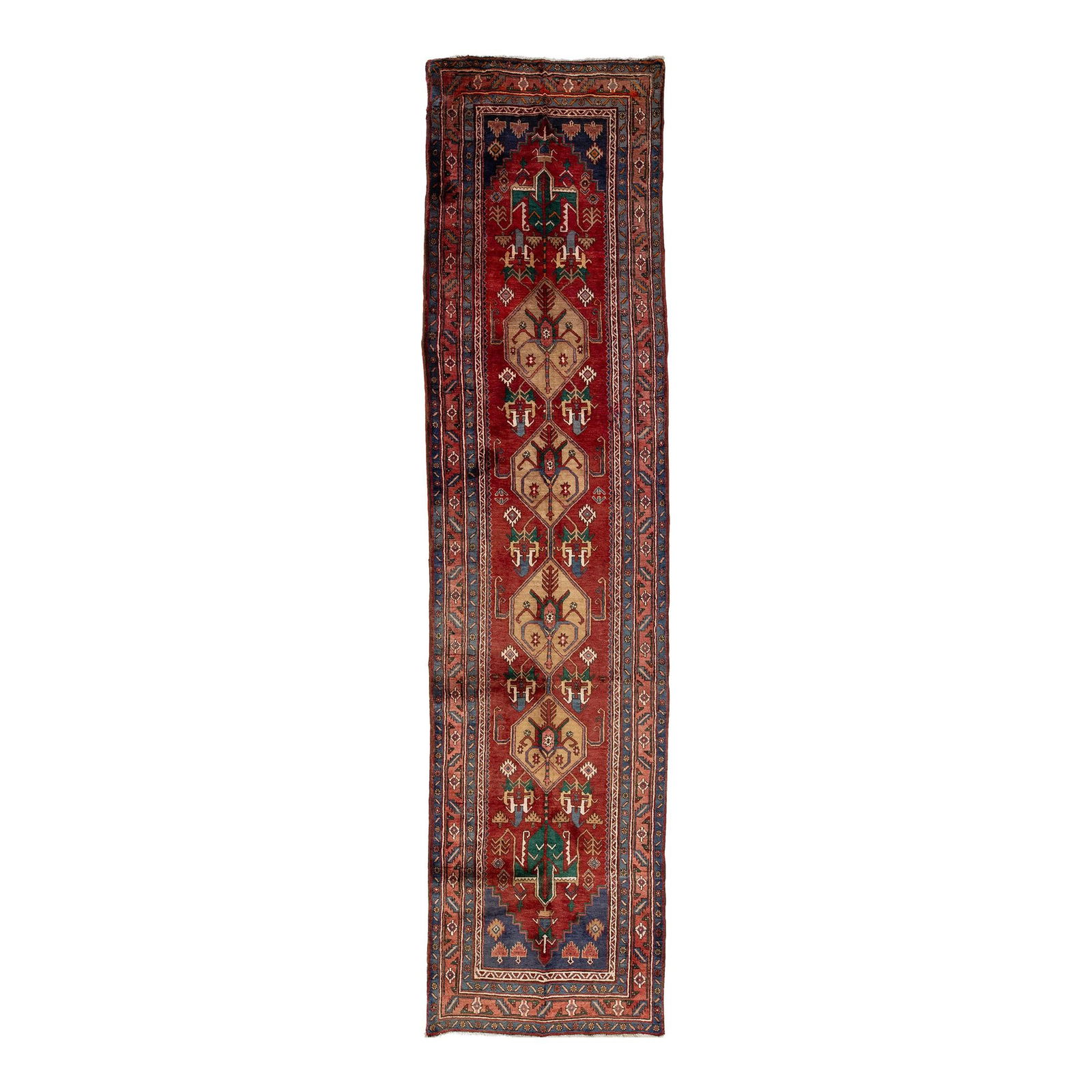 Vintage Persian Heriz Handmade Wool Rug Red Tribal Design 3'6 x 14'5: Vintage Persian Heriz Handmade Wool Rug Red Tribal Design 3'6 x 14'5 Discover the elegance of this vintage 20th-century Persian Heriz handmade wool rug, featuring a striking red field adorned with int