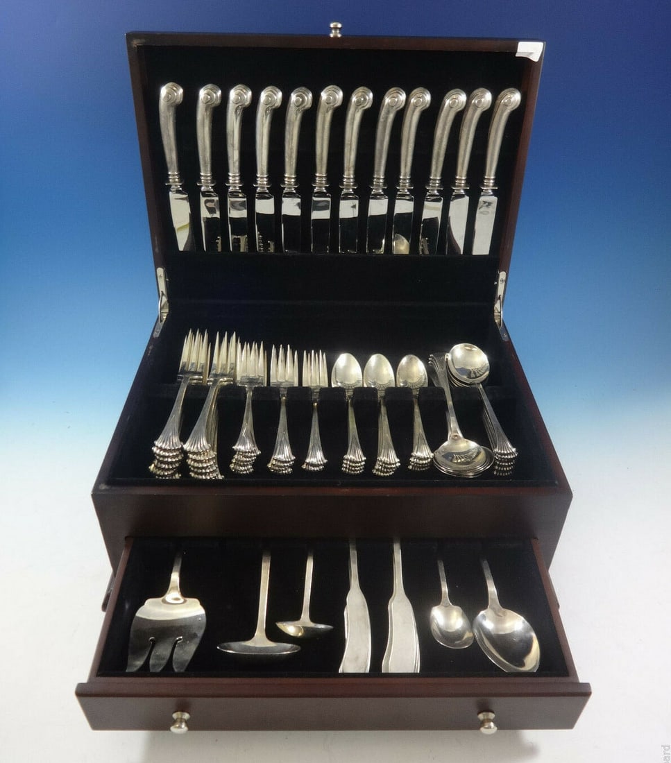 Tuttle Onslow Sterling Silver Flatware Set for 12, 77 Pieces with Storage Chest: Tuttle Onslow Sterling Silver Flatware Set for 12, 77 Pieces with Storage Chest Elevate your dining experience with the Onslow by Tuttle Sterling Silver Flatware Service for 12. This exquisite 77-piec