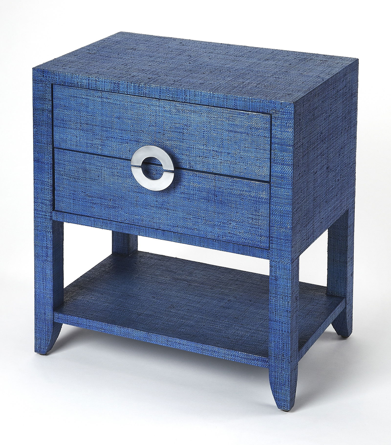 Butler Ocean Blue Raffia Nightstand Coastal Style Rectangular Design: Butler Ocean Blue Raffia Nightstand Coastal Style Rectangular Design Enhance your coastal decor with this Ocean Blue Raffia Nightstand featuring two spacious drawers. Crafted from a blend of aluminum,