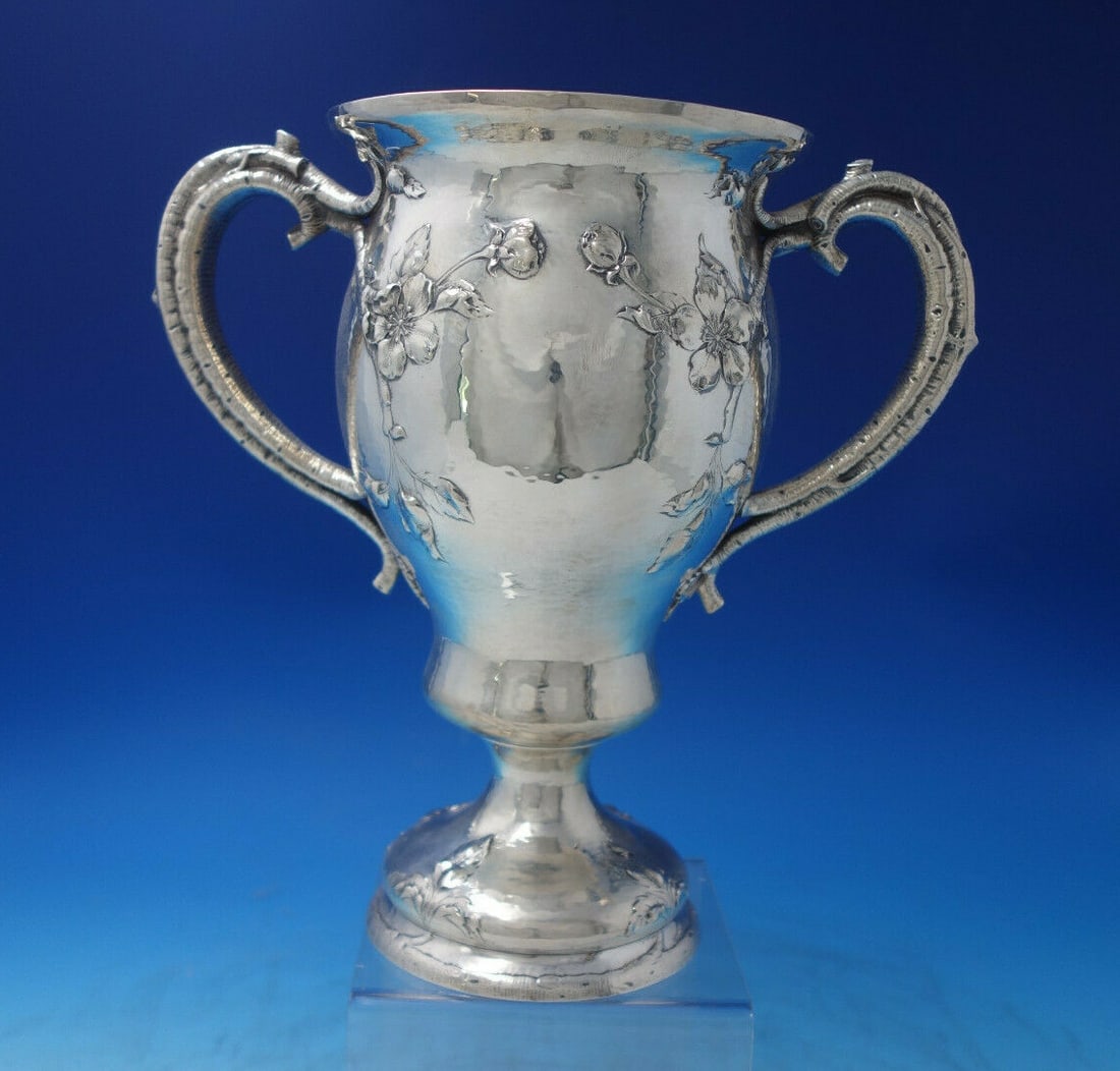 Gorham Sterling Silver Hand Hammered Vase with Vine Handles and Roses: Gorham Sterling Silver Hand Hammered Vase with Vine Handles and Roses This exquisite large vase from Gorham showcases the artistry of the Art Nouveau style, featuring stunning hand hammering and intri