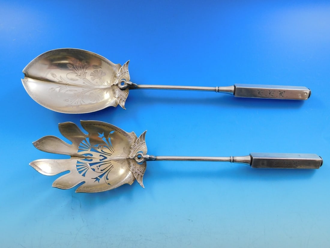 Gorham Isis Sterling Silver Salad Serving Set 2pc Vintage 10" Egyptian Revival: Gorham Isis Sterling Silver Salad Serving Set 2pc Vintage 10" Egyptian Revival Presenting a stunning 2-piece salad serving set in the Isis pattern by Gorham, crafted from high-quality sterling silver.