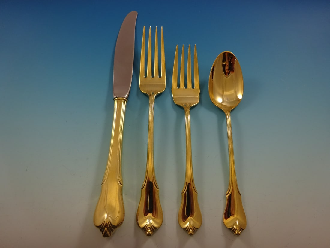 Wallace Grand Colonial 32 Piece Sterling Silver Flatware Set Gold Vermeil: Wallace Grand Colonial 32 Piece Sterling Silver Flatware Set Gold Vermeil Elevate your dining experience with the Grand Colonial flatware service set by Wallace, crafted from high-quality sterling sil