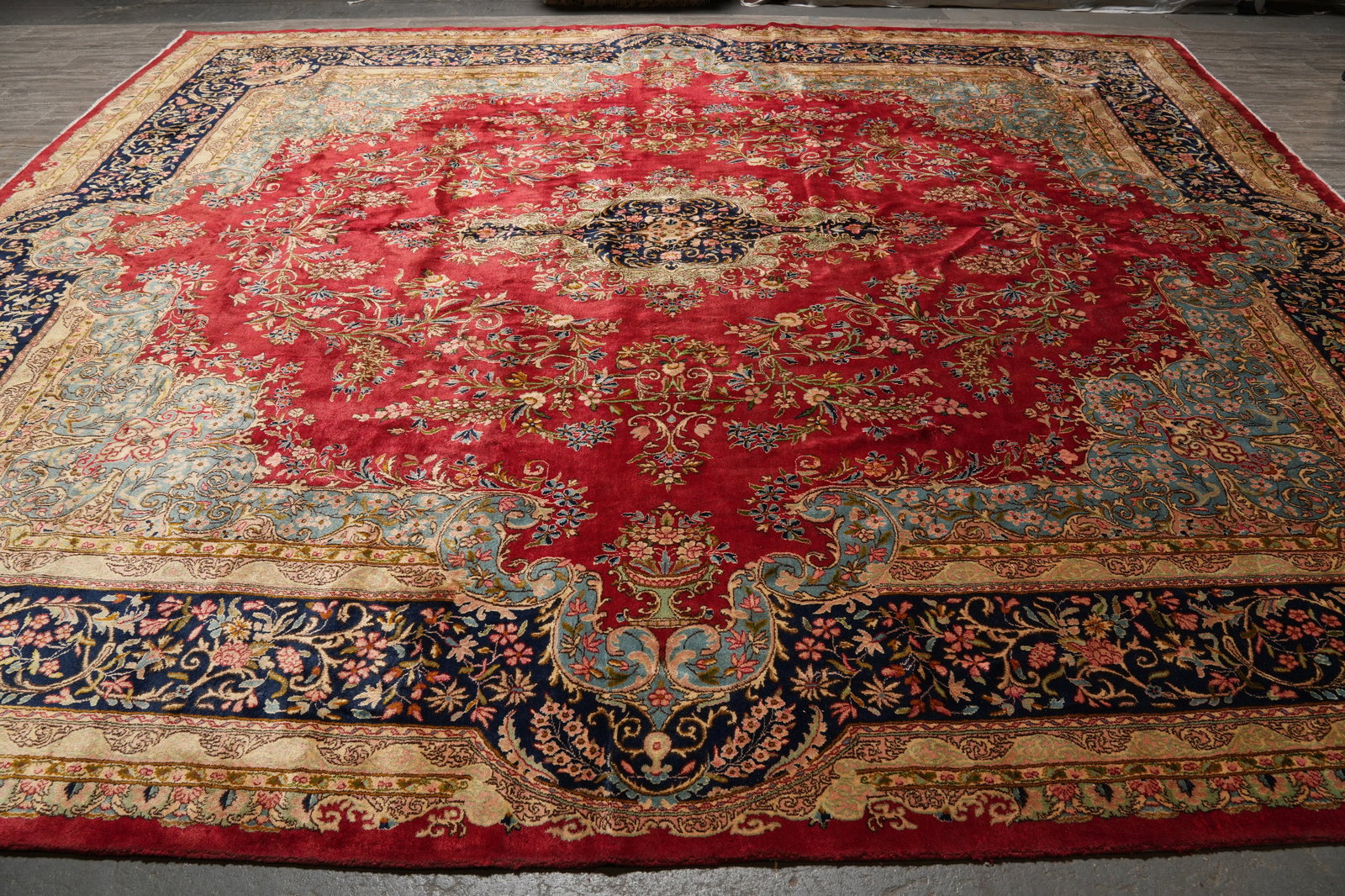 Authentic Persian Kerman Rug Hand Knotted Wool 12.10 x 14.10 Open Red Field - 2