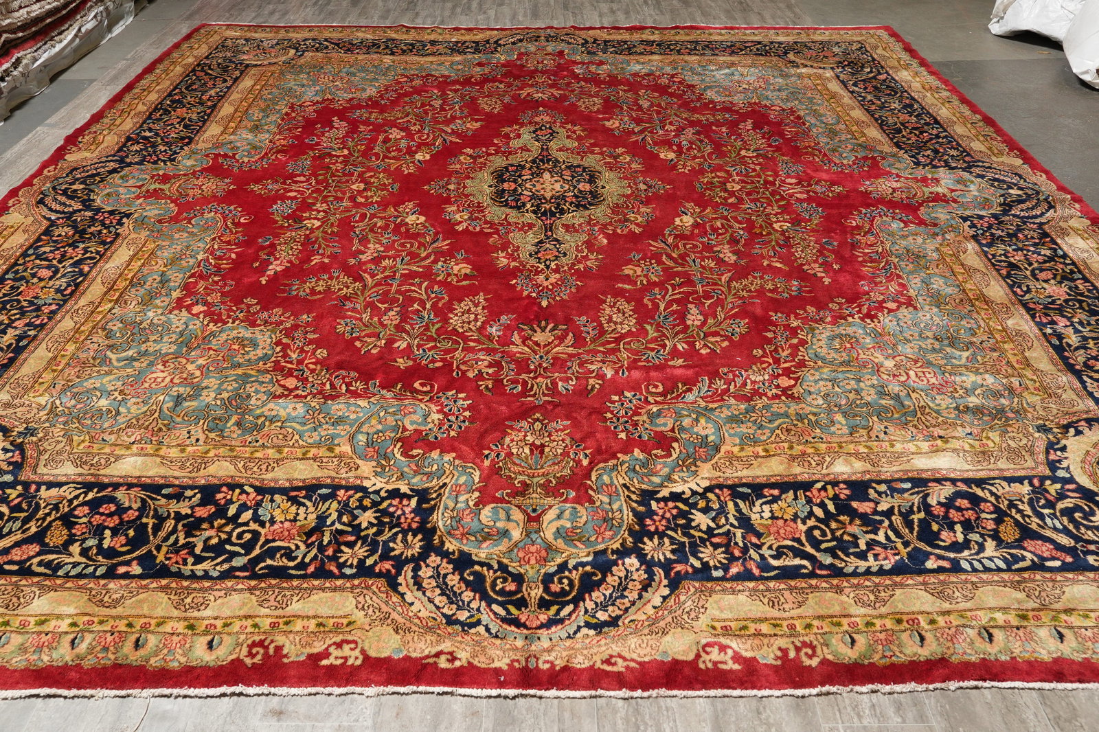 Authentic Persian Kerman Rug Hand Knotted Wool 12.10 x 14.10 Open Red Field - 3
