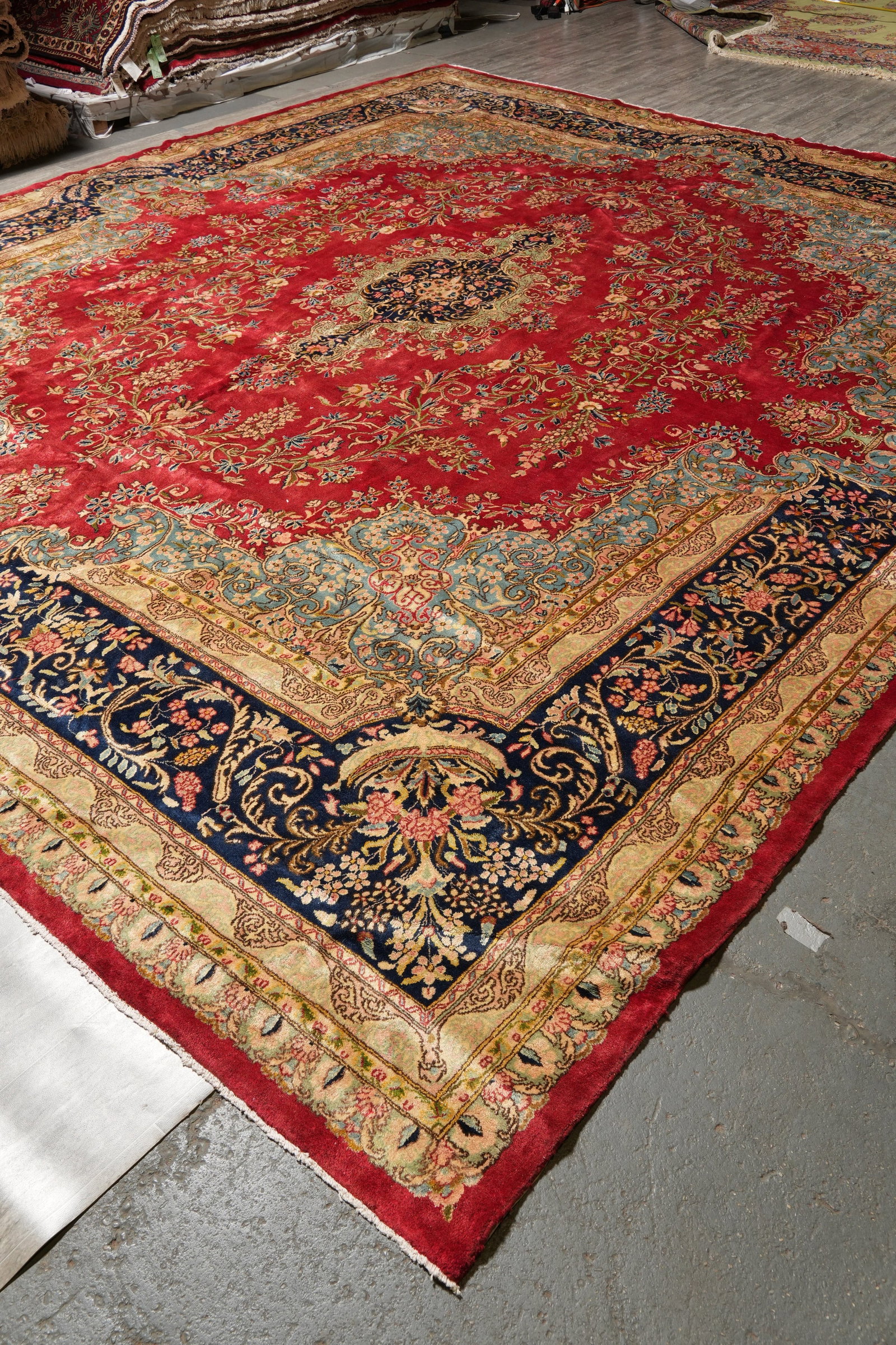 Authentic Persian Kerman Rug Hand Knotted Wool 12.10 x 14.10 Open Red Field - 4