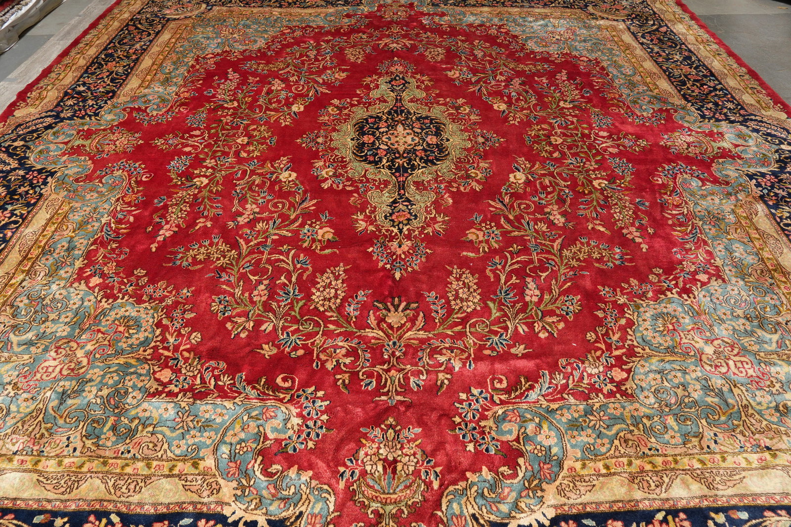 Authentic Persian Kerman Rug Hand Knotted Wool 12.10 x 14.10 Open Red Field - 5