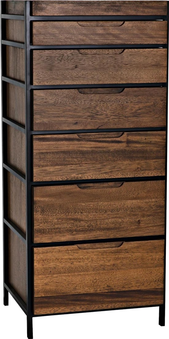 Noir Seoul Industrial Style Tallboy Chest in Dark Walnut and Steel: Noir Seoul Industrial Style Tallboy Chest in Dark Walnut and Steel Introducing the Seoul Tallboy, a striking piece that combines the beauty of dark walnut with the rugged appeal of industrial steel. T