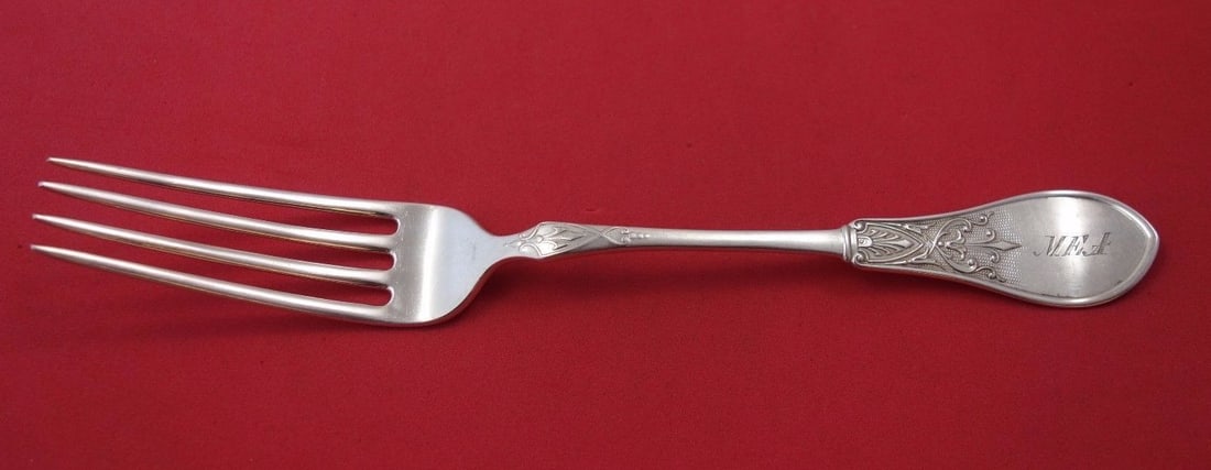 Rare Gem by Schulz & Fischer Sterling Silver Dinner Fork 7 3/4 Inches: Rare Gem by Schulz & Fischer Sterling Silver Dinner Fork 7 3/4 Inches This exquisite dinner fork, part of the rare Gem pattern by Schulz & Fischer, showcases the elegance of 19th-century design. Craft