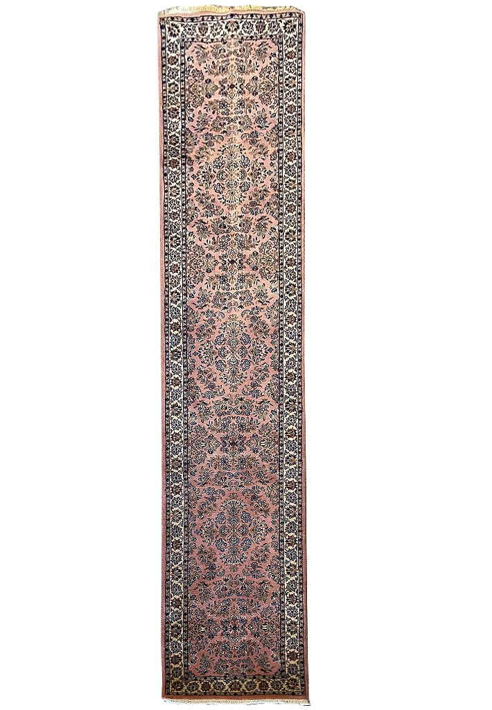 2' x 10' Handwoven Sarouk Wool Runner in Pink Blue Olive: 2' x 10' Handwoven Sarouk Wool Runner in Pink Blue Olive Free continental US Shipping Enhance your hallway or narrow spaces with the 2' x 10.5' Narrow Sarouk Wool Runner. This exquisite rug showcases