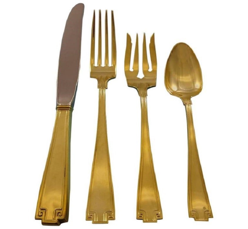 Gorham Etruscan Sterling Silver Flatware Set 48 Pieces Gold Vermeil: Gorham Etruscan Sterling Silver Flatware Set 48 Pieces Gold Vermeil Enhance your dining experience with this stunning Etruscan by Gorham Sterling Silver Flatware Set. This exquisite collection feature