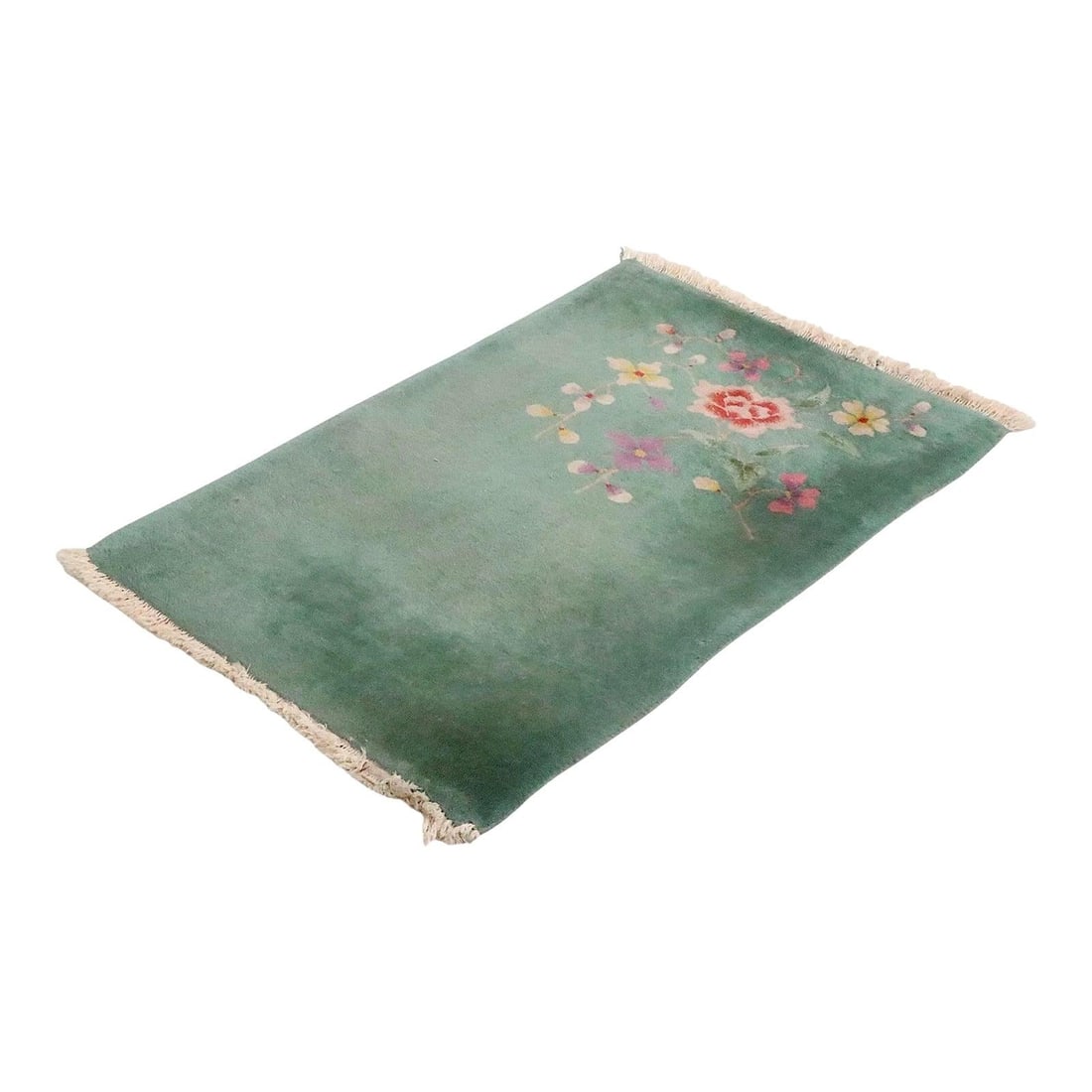 Vintage Hand Knotted Chinese Wool Silk Art Deco Rug 37 x 24: Vintage Hand Knotted Chinese Wool Silk Art Deco Rug 37 x 24 This charming vintage Chinese scatter rug features a vibrant green background adorned with a colorful floral foliate design. Hand knotted fr