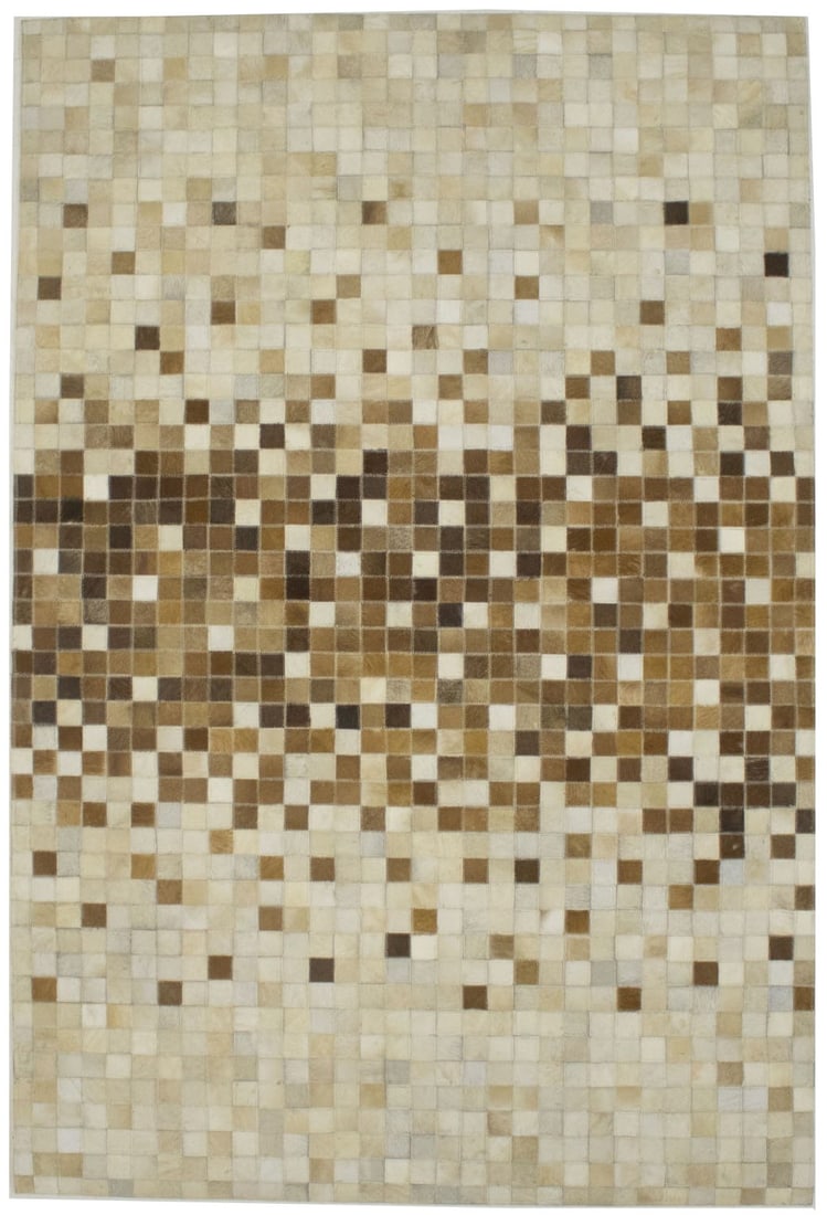 Modern Leather Patchwork Area Rug 5'0 x 8'0 Geometric Beige Brown Handmade: Modern Leather Patchwork Area Rug 5'0 x 8'0 Geometric Beige Brown Handmade This handcrafted patchwork cowhide rug features a modern geometric design in beige and brown tones. Made from genuine leather