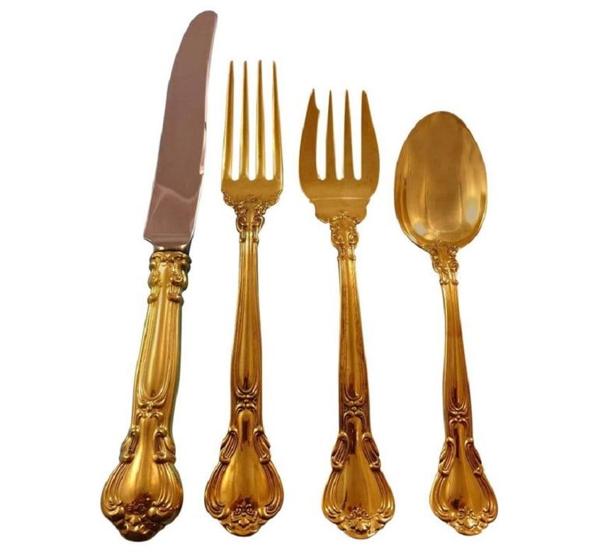 Gorham Chantilly Gold Sterling Silver Flatware Set 48 Pieces for 12: Gorham Chantilly Gold Sterling Silver Flatware Set 48 Pieces for 12 Elevate your dining experience with the exquisite Chantilly Gold flatware set by Gorham, crafted from sterling silver and beautifull