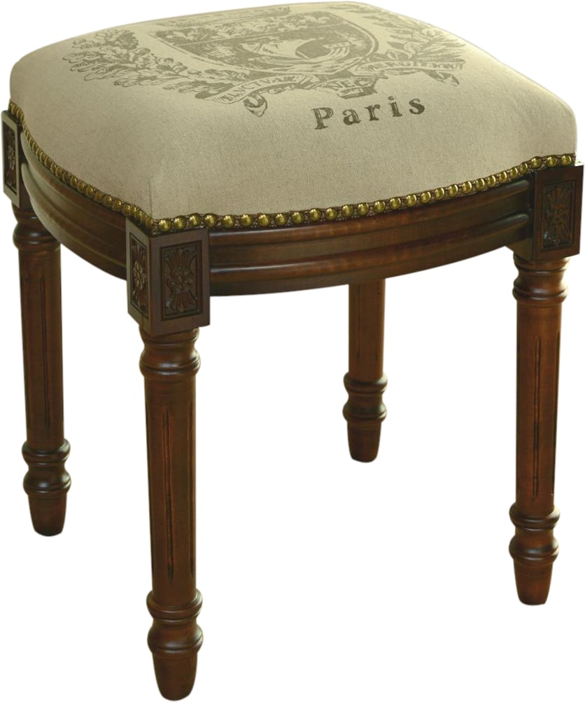 Elegant English Traditional Vanity Stool with Paris Crest: Elegant English Traditional Vanity Stool with Paris Crest Enhance your decor with this elegant Traditional Vanity Stool featuring a charming Paris Crest motif. Crafted in the English Traditional style
