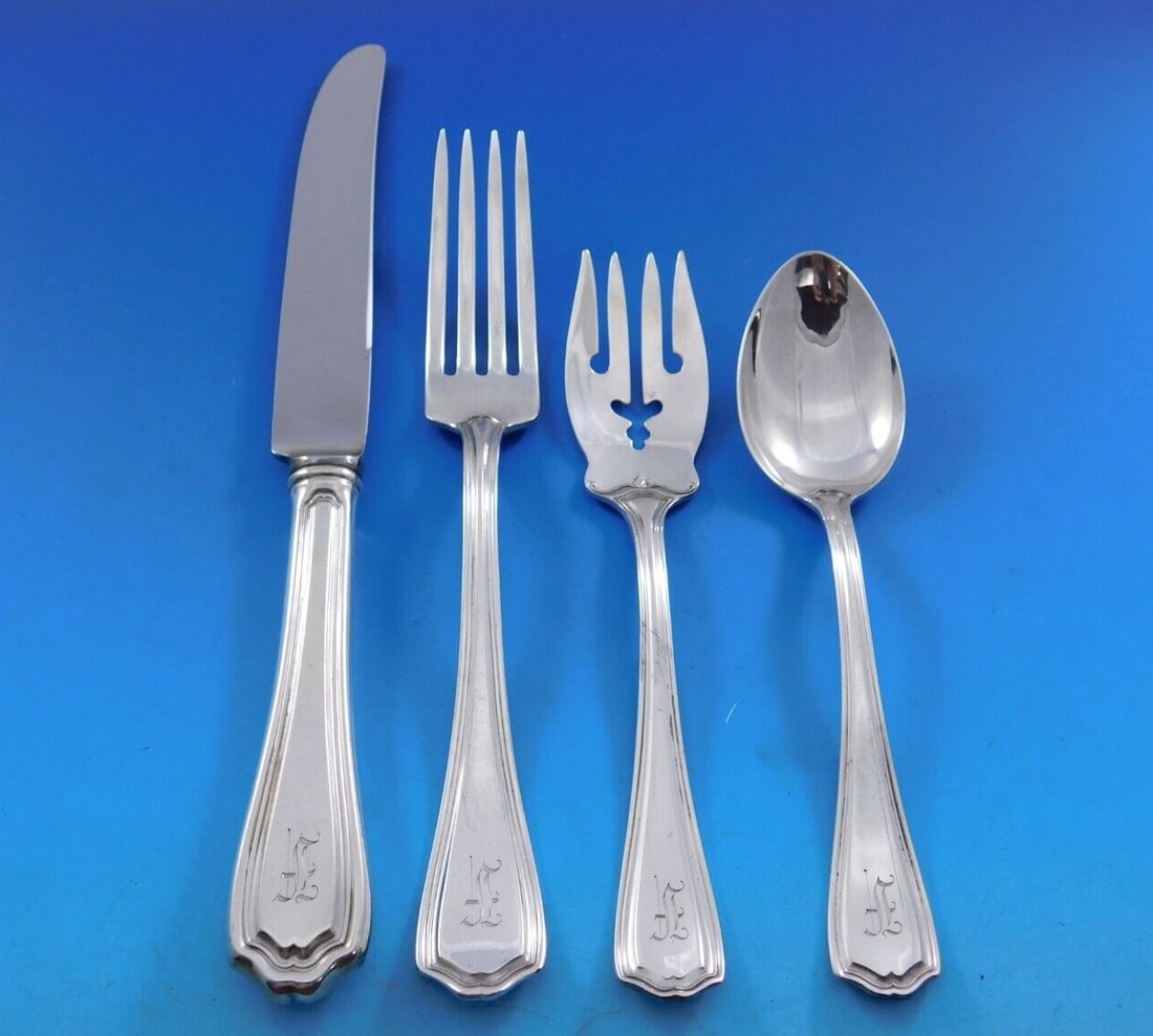 Reed & Barton Hepplewhite Sterling Silver Flatware Set 38 pcs Service for 8 with Monogram F: Reed & Barton Hepplewhite Sterling Silver Flatware Set 38 pcs Service for 8 with Monogram F This exquisite Hepplewhite flatware set by Reed & Barton features 38 pieces crafted from high-quality sterli