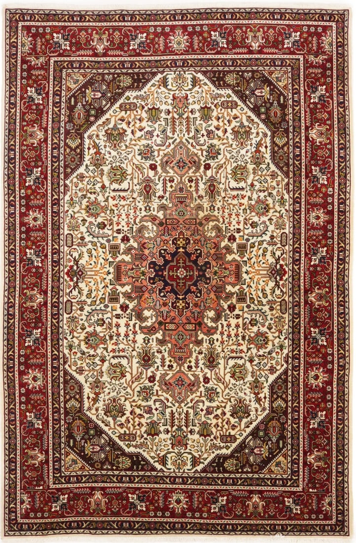 Vintage Hand-Knotted Wool Area Rug 6'6 x 9'11 Geometric Floral Pattern: Vintage Hand-Knotted Wool Area Rug 6'6 x 9'11 Geometric Floral Pattern This vintage hand-knotted area rug from Western Asia features a geometric and floral design in a palette of cream, red, salmon, o