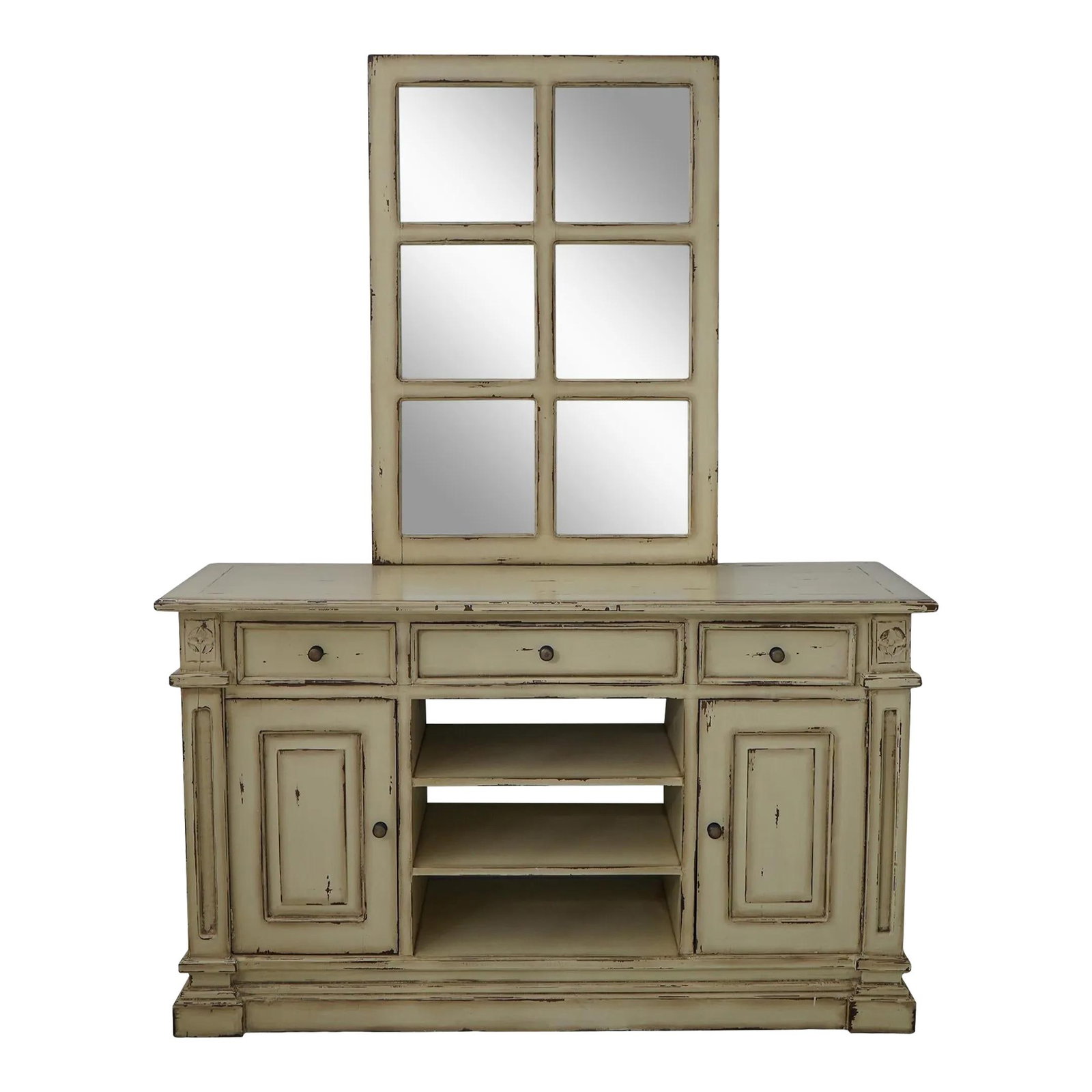 Rustic White Distressed Bookcase Credenza with Matching Mirror: Rustic White Distressed Bookcase Credenza with Matching Mirror This stunning bookcase credenza features a factory distressed, antique painted finish, showcasing exquisite carved details and raised pan