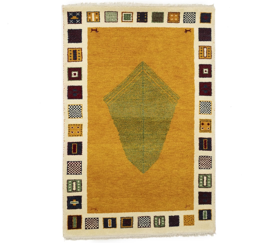 4x6 Wool Modern Bordered Handmade Indo-Gabbeh Area Rug for Entryway: 4x6 Wool Modern Bordered Handmade Indo-Gabbeh Area Rug for Entryway This handmade Indo-Gabbeh area rug features a modern bordered design with a blend of golden yellow, cream, charcoal, red, green, and