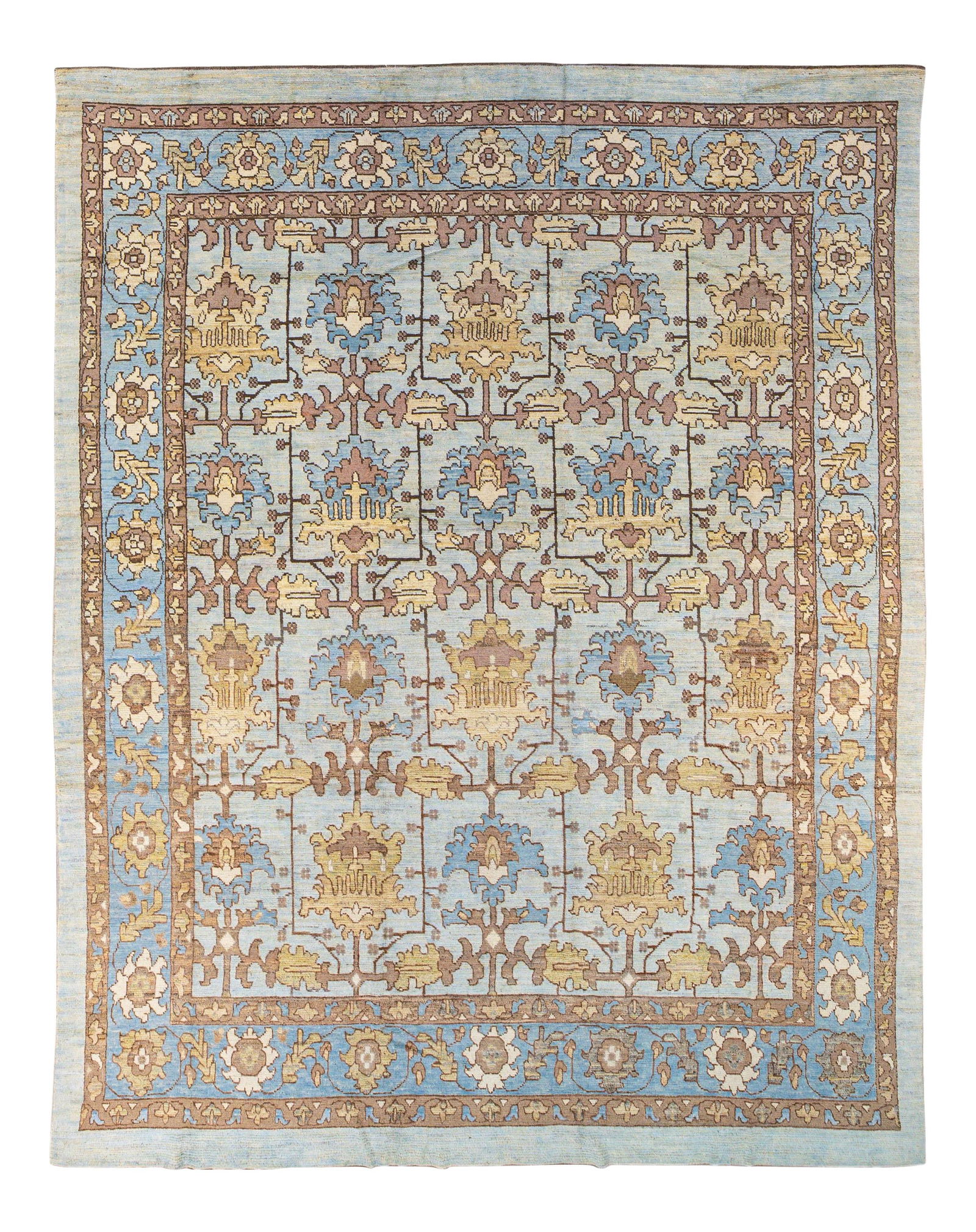 Large Oushak Handmade Wool Rug Blue Floral Design 12'8 x 16'1: Large Oushak Handmade Wool Rug Blue Floral Design 12'8 x 16'1 Enhance your space with this stunning modern Oushak hand-knotted wool rug, featuring a captivating blue field adorned with a beautiful geo