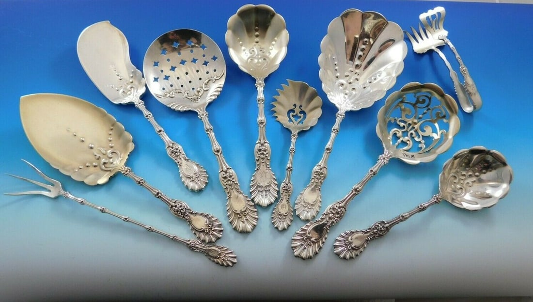 Whiting Radiant Sterling Silver 10 Piece Serving Set 1850-1899: Whiting Radiant Sterling Silver 10 Piece Serving Set 1850-1899 This exquisite set features 10 serving pieces from the 'Radiant' pattern by Whiting Manufacturing Company, crafted from sterling silver.