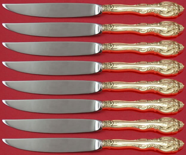 Gorham La Scala Sterling Silver Steak Knife Set 8pc Non-Serrated 8": Gorham La Scala Sterling Silver Steak Knife Set 8pc Non-Serrated 8" Elevate your dining experience with this exquisite La Scala Sterling Silver Steak Knife Set by Gorham. This 8-piece set features ele