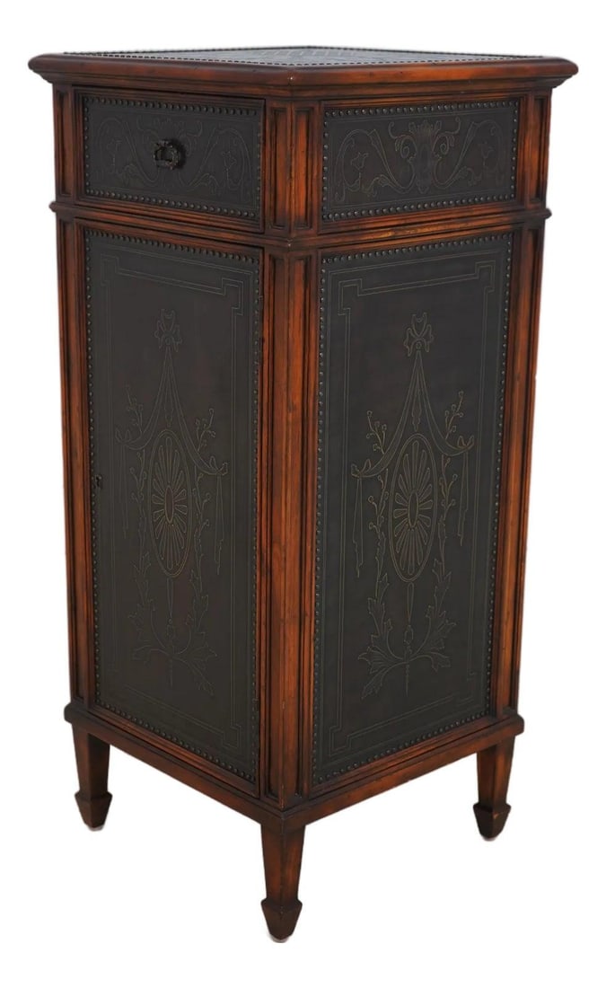 Theodore Alexander 1 Door Cabinet with Bronze Finish and Mahogany Case: Theodore Alexander 1 Door Cabinet with Bronze Finish and Mahogany Case This exquisite Theodore Alexander cabinet features a striking embossed bronze surface, perfectly blending elegance with functiona