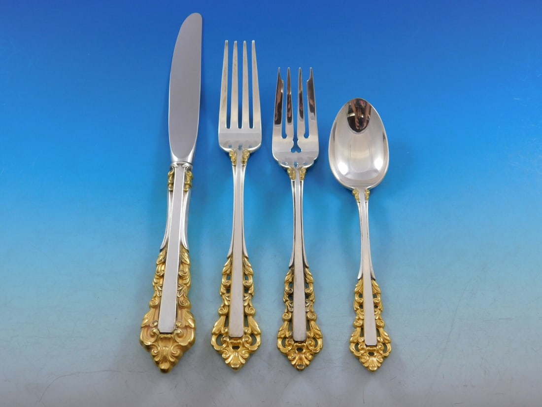 Gorham Golden Medici Sterling Silver Flatware Set 50 Pieces for 12: Gorham Golden Medici Sterling Silver Flatware Set 50 Pieces for 12 Enhance your dining experience with the exquisite Medici Golden Accent flatware set by Gorham. This 50-piece sterling silver set feat