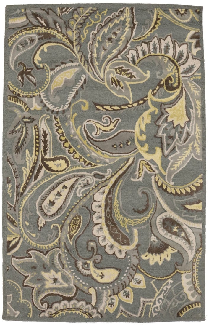 5x8 Modern Wool Rug With Hand-Tufted Gray Floral Pattern: 5x8 Modern Wool Rug With Hand-Tufted Gray Floral Pattern This hand-tufted modern area rug features a gray background with a paisley floral design, offering a stylish accent for foyers, living rooms, b