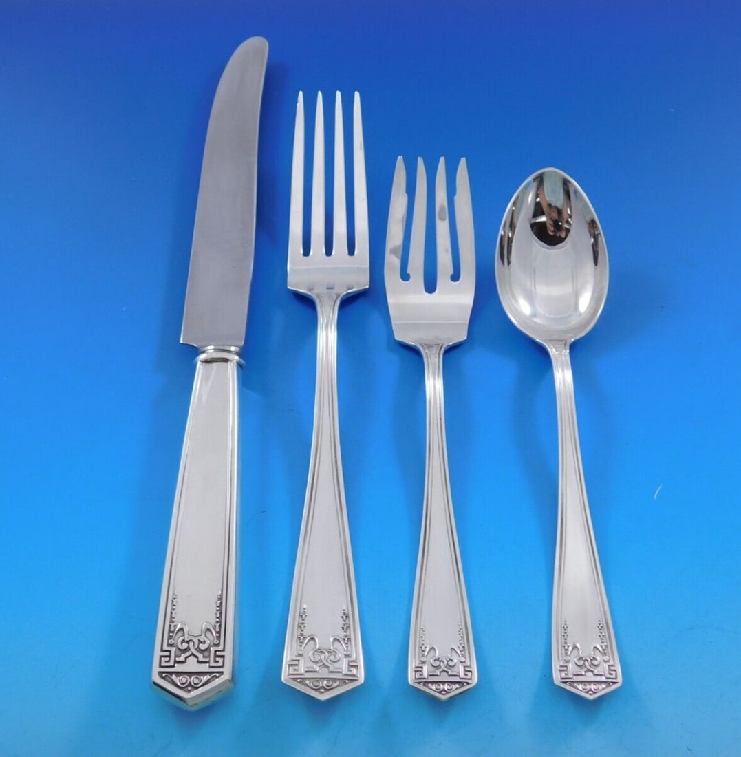 International Sterling Silver Devonshire Flatware Set for 12 with 57 Pieces: International Sterling Silver Devonshire Flatware Set for 12 with 57 Pieces Enhance your dining experience with the Devonshire Flatware Set by International Sterling, comprising 57 exquisite pieces cr
