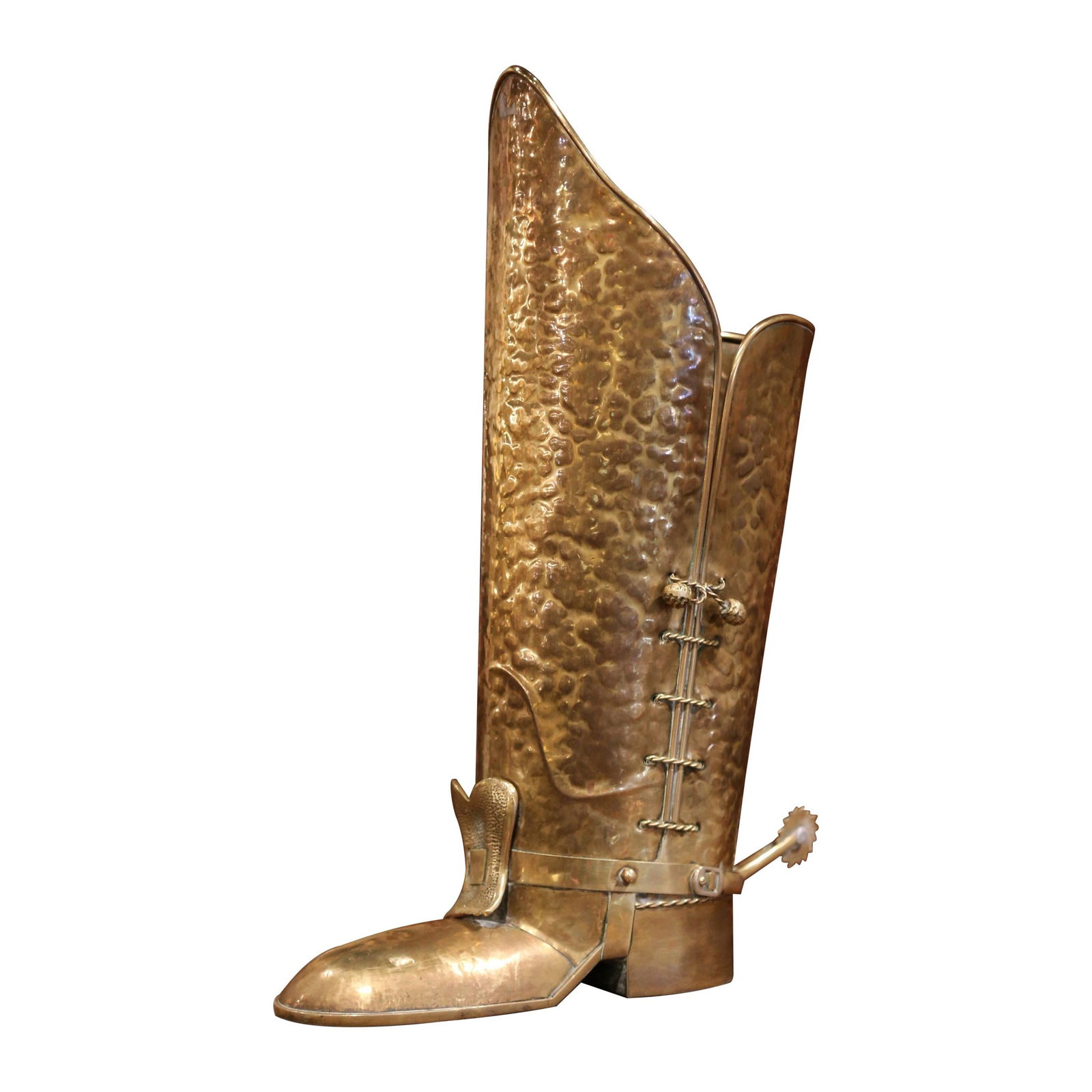 Renaissance French Copper Brass Musketeer Boot Umbrella Stand 22in: Renaissance French Copper Brass Musketeer Boot Umbrella Stand 22in Add a touch of whimsy and old-world charm to your entryway with this striking early 20th-century French umbrella stand, designed in t
