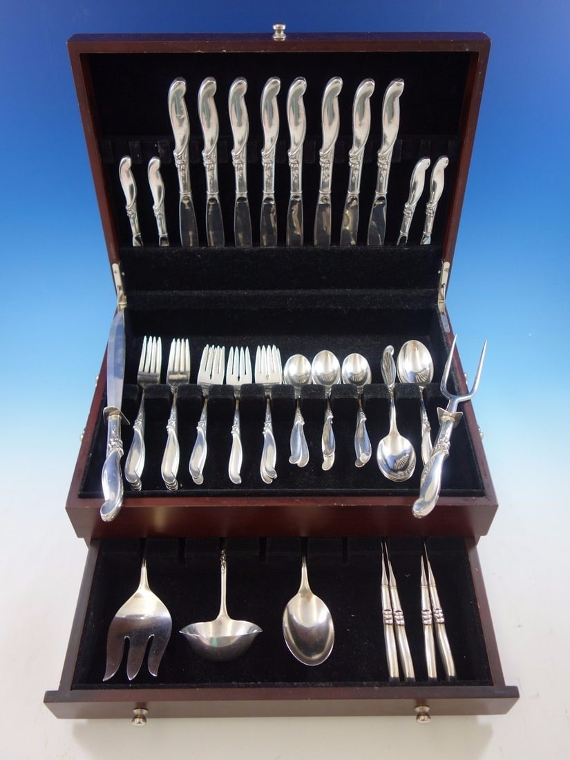 International Sterling Silver Melody Flatware Set 53 Pcs for 8 Mid-Century Modern: International Sterling Silver Melody Flatware Set 53 Pcs for 8 Mid-Century Modern Enhance your dining experience with the Silver Melody Flatware Set from International Sterling. This exquisite 53-piec