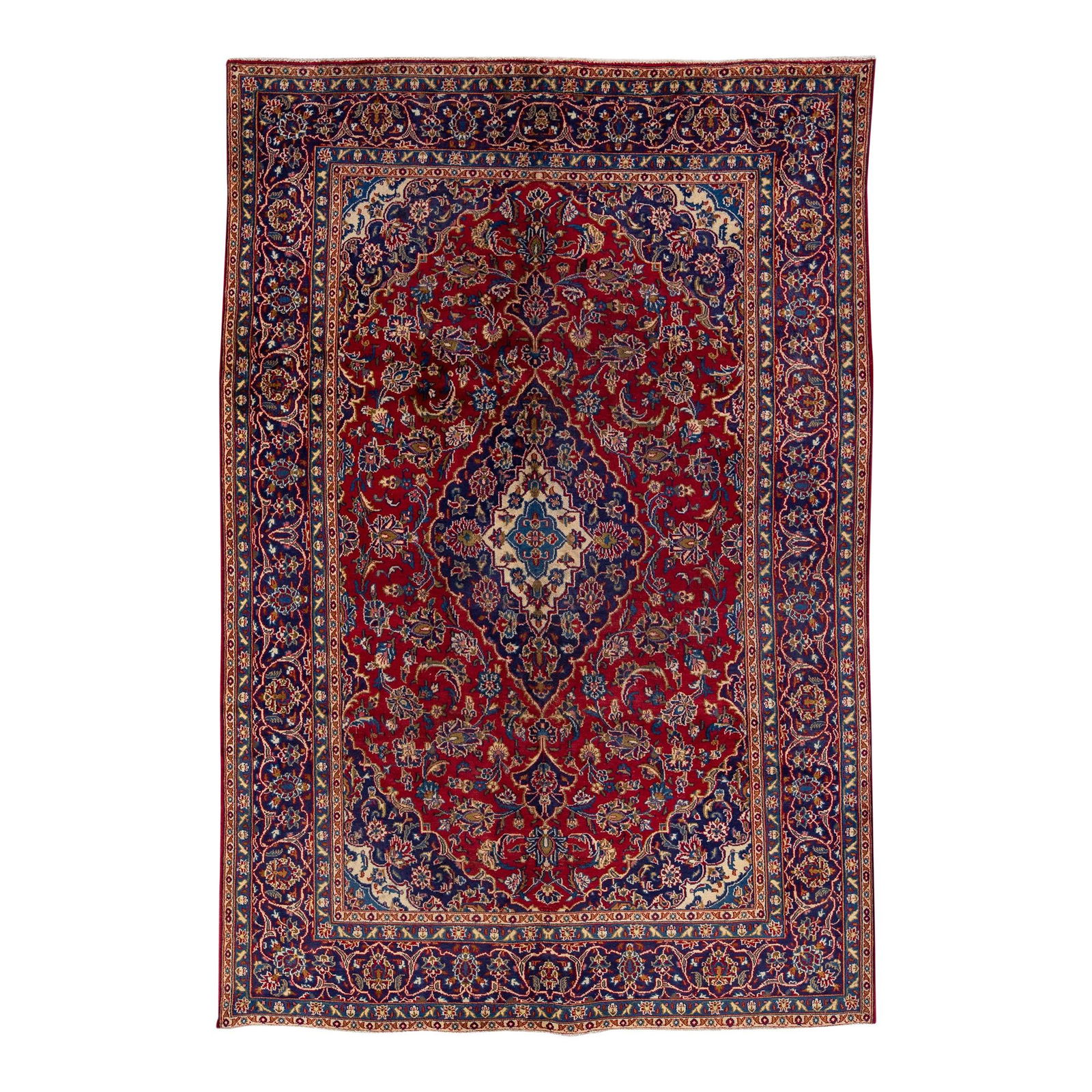 1960s Persian Kashan Handmade Wool Rug Red Floral Medallion: 1960s Persian Kashan Handmade Wool Rug Red Floral Medallion This exquisite Persian Kashan rug showcases a stunning hand-knotted wool construction featuring a vibrant red field. The intricate design is
