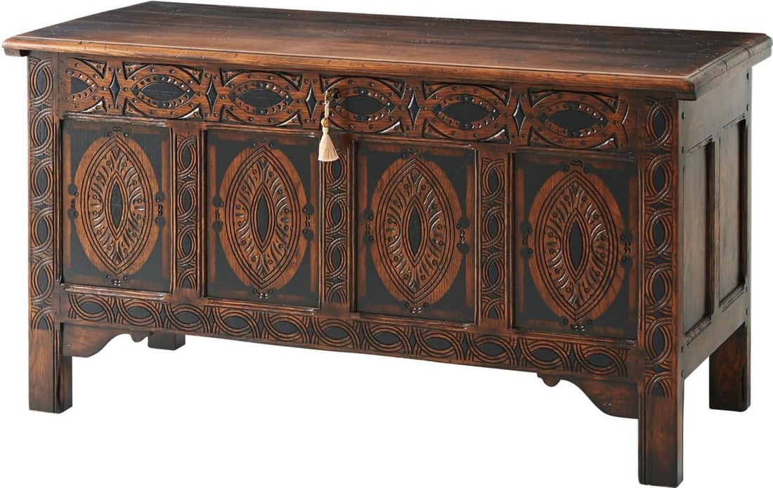 Theodore Alexander English Oak Chest with Blue Padova Finish: Theodore Alexander English Oak Chest with Blue Padova Finish This English Antique Style Oak Chest, crafted in 1650 design, showcases exquisite craftsmanship and a timeless appeal. Made from durable