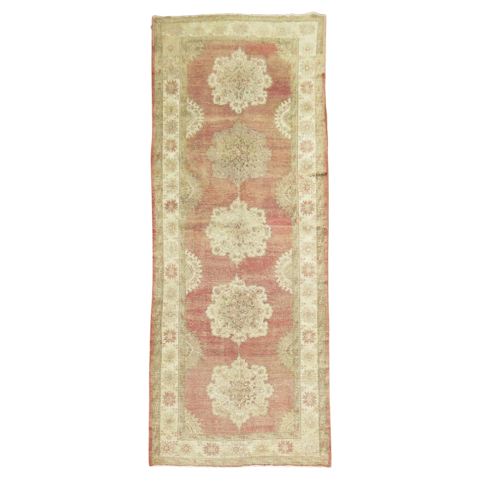 Vintage Turkish Oushak Gallery Rug Hand-Knotted Wool Soft Red 5' x 13'1'': Vintage Turkish Oushak Gallery Rug Hand-Knotted Wool Soft Red 5' x 13'1'' Enhance your space with this exquisite Soft Red Vintage Turkish Oushak Gallery Size Rug, a stunning example of mid-20th centur