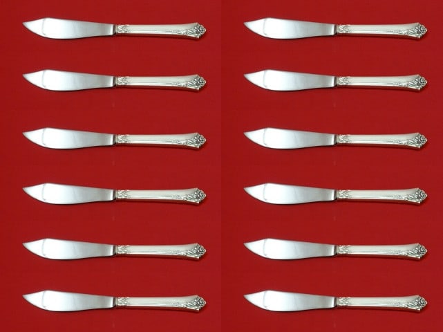 Oneida Damask Rose Sterling Silver Fish Knife Set 12 Pieces: Oneida Damask Rose Sterling Silver Fish Knife Set 12 Pieces Introducing a stunning custom set of 12 fish knives in the elegant Damask Rose pattern by Oneida. Each knife features a hollow handle crafte